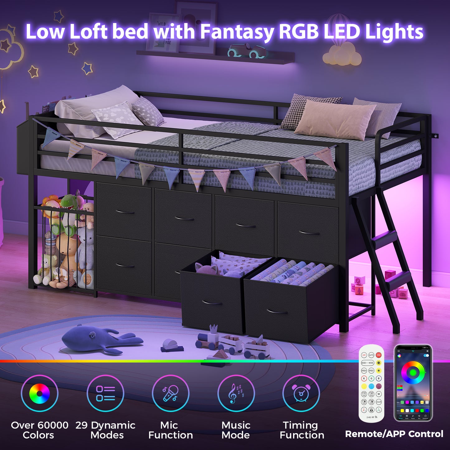 Low Loft Bed Twin Size with 8 Storage Drawers, Twin Loft Bed with LED Lights and Play Zone, Metal Loft Bed with Under-bed Play Space, No Box Spring Needed, Black