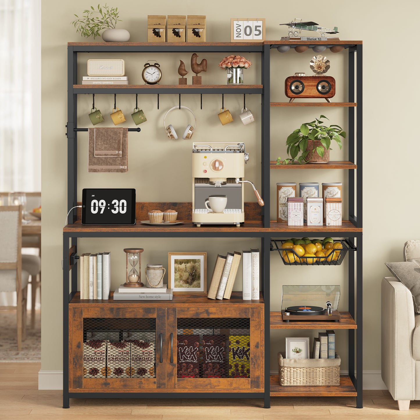 Bakers Rack with Power Outlet and LED Light, Coffee Bar with Coffee Pod Holder, Kitchen Microwave Stand with Storage Shelves, Cabinet, Wire Basket, 8 Hooks, Rustic Brown