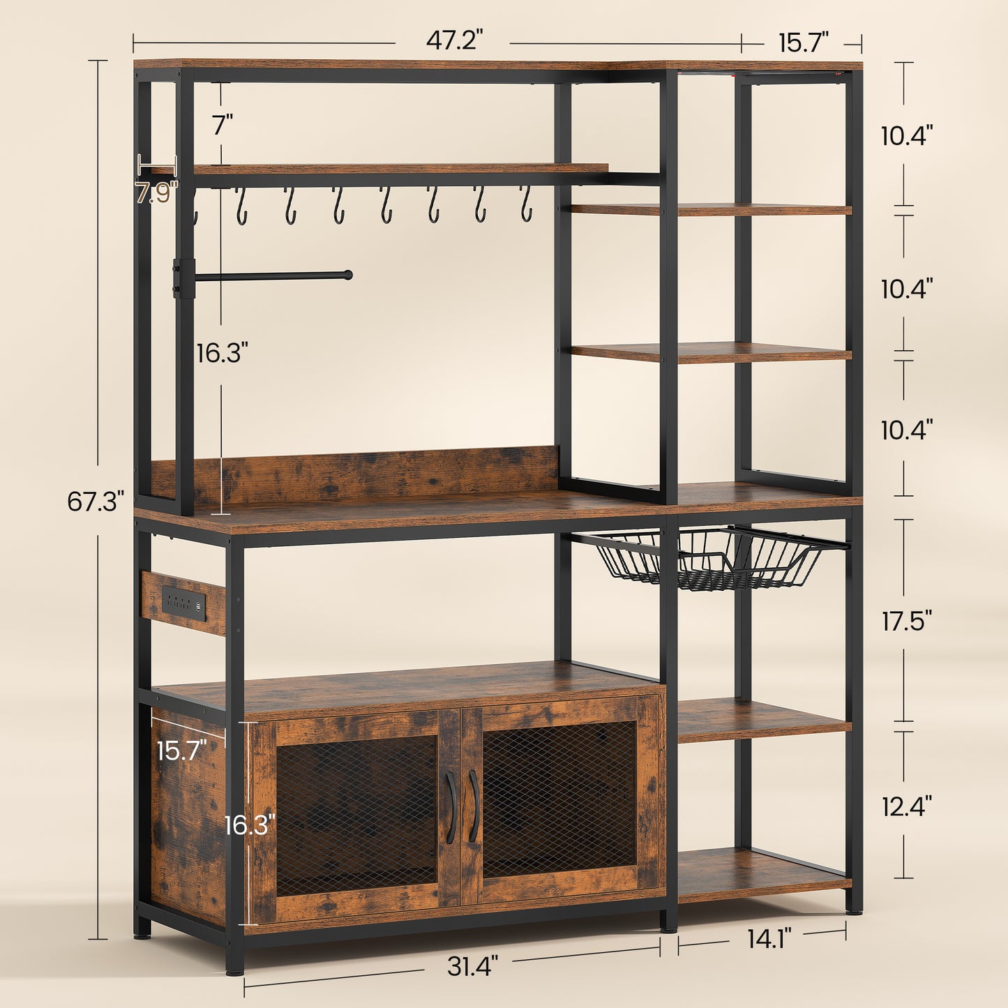 Bakers Rack with Power Outlet and LED Light, Coffee Bar with Coffee Pod Holder, Kitchen Microwave Stand with Storage Shelves, Cabinet, Wire Basket, 8 Hooks, Rustic Brown