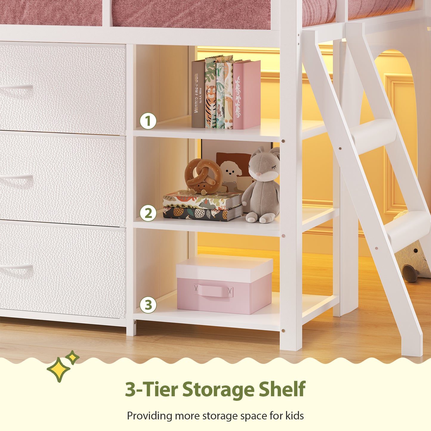 Low Loft Bed Twin Size with 6 Storage Drawers, Metal Loft Bed with 5-Tier Mobile Bookshelf and LED Lights, Under-Bed Play Space, White
