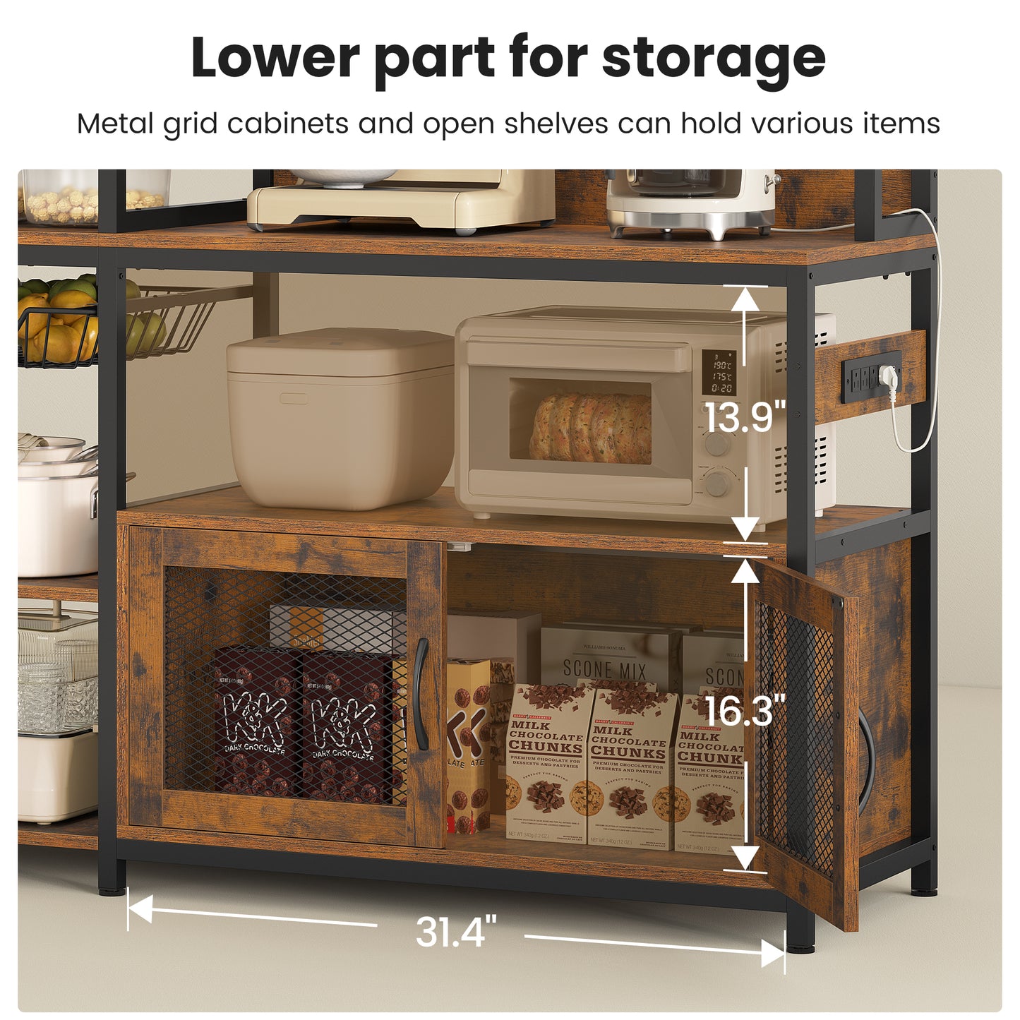 Bakers Rack with Power Outlet and LED Light, Coffee Bar with Coffee Pod Holder, Kitchen Microwave Stand with Storage Shelves, Cabinet, Wire Basket, 8 Hooks, Rustic Brown