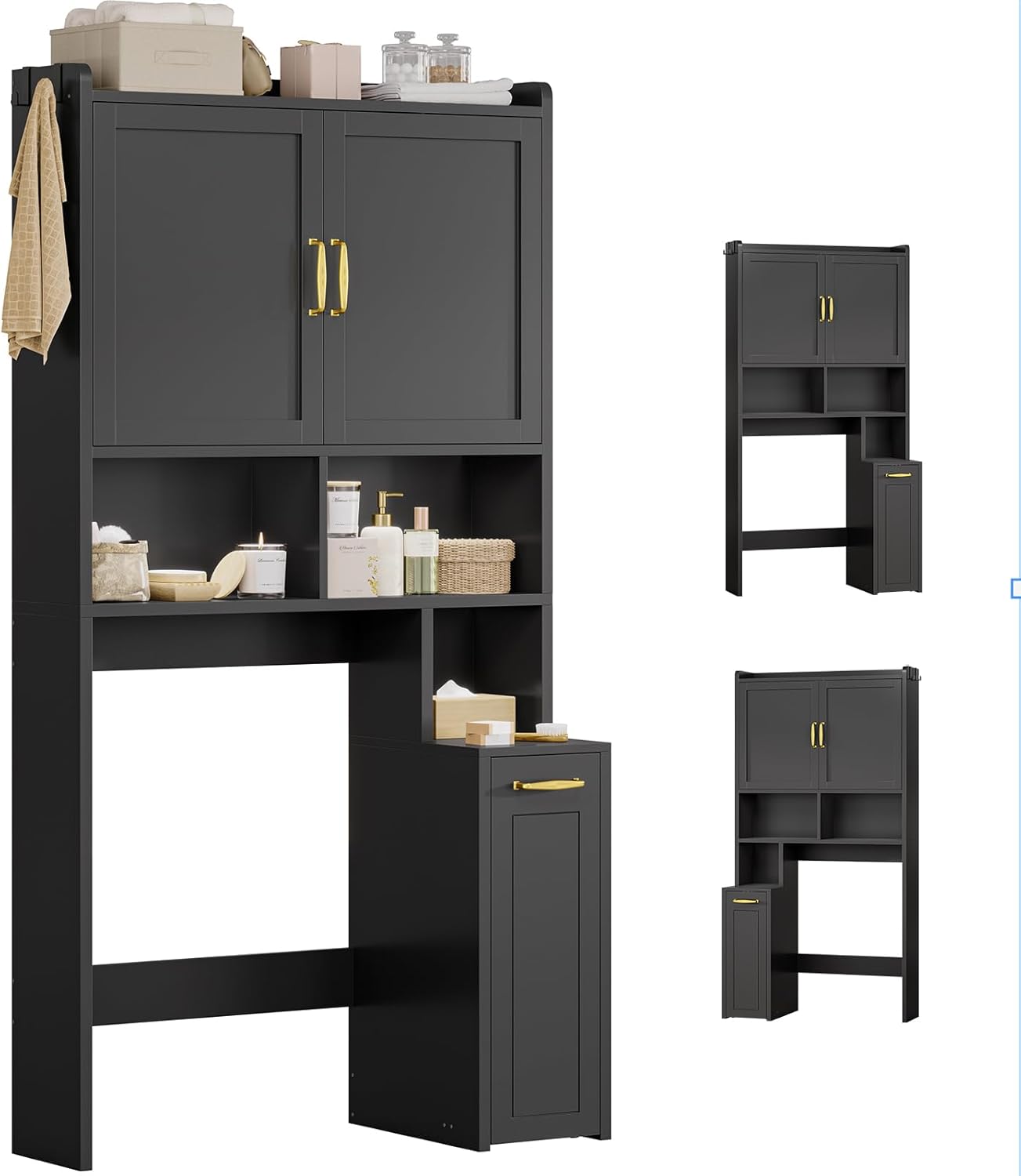 Over The Toilet Storage Cabinet with Pulley, Bathroom Storage Cabinet, with Adjustable Shelf and Open Shelf for Bathroom, Restroom, Laundry, Black
