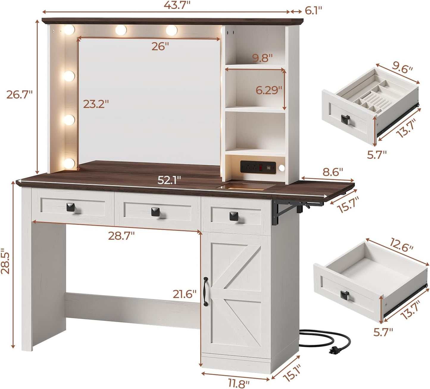 Makeup Vanity Desk with Charging Station, Dressing Table with 3 Lighting Modes and 3 Drawers, Antique White