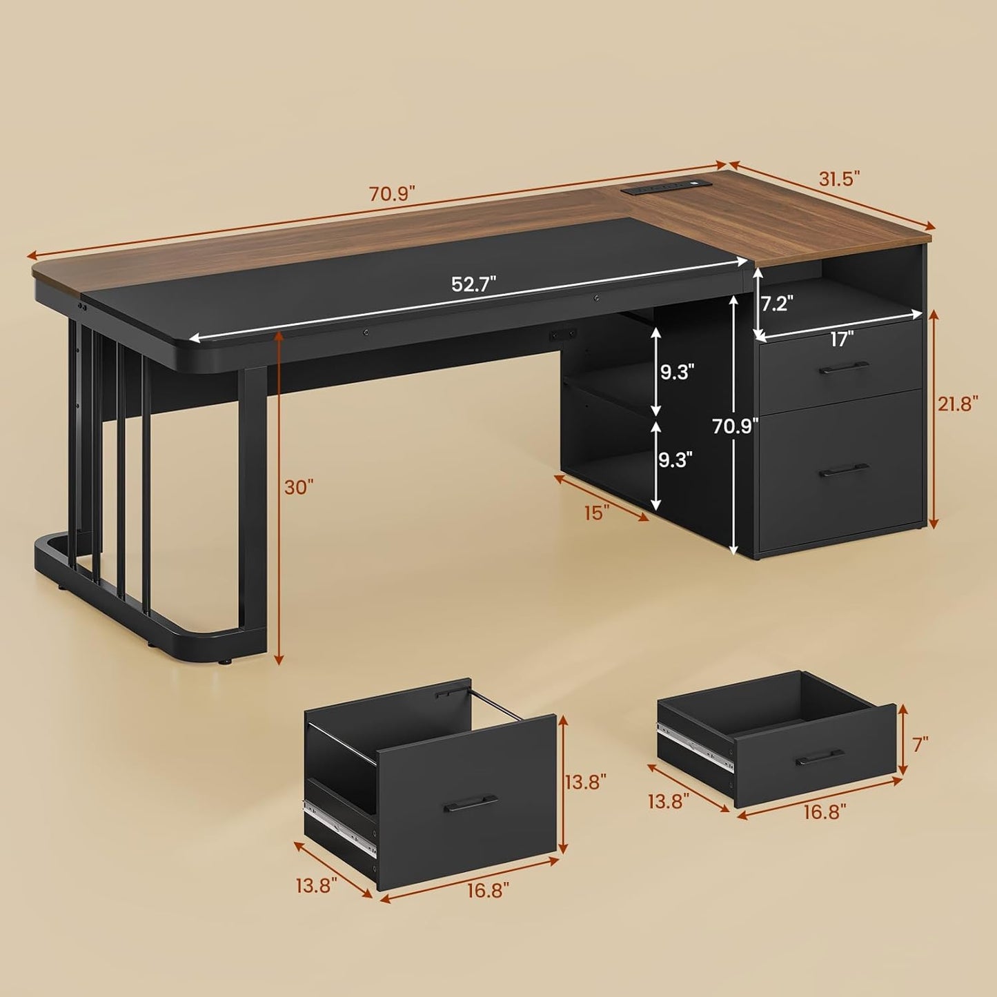 70.9" Executive Desk with Power Outlet, Large Office Desk with Lateral File Cabinet, Modern Computer Desk, Walnut