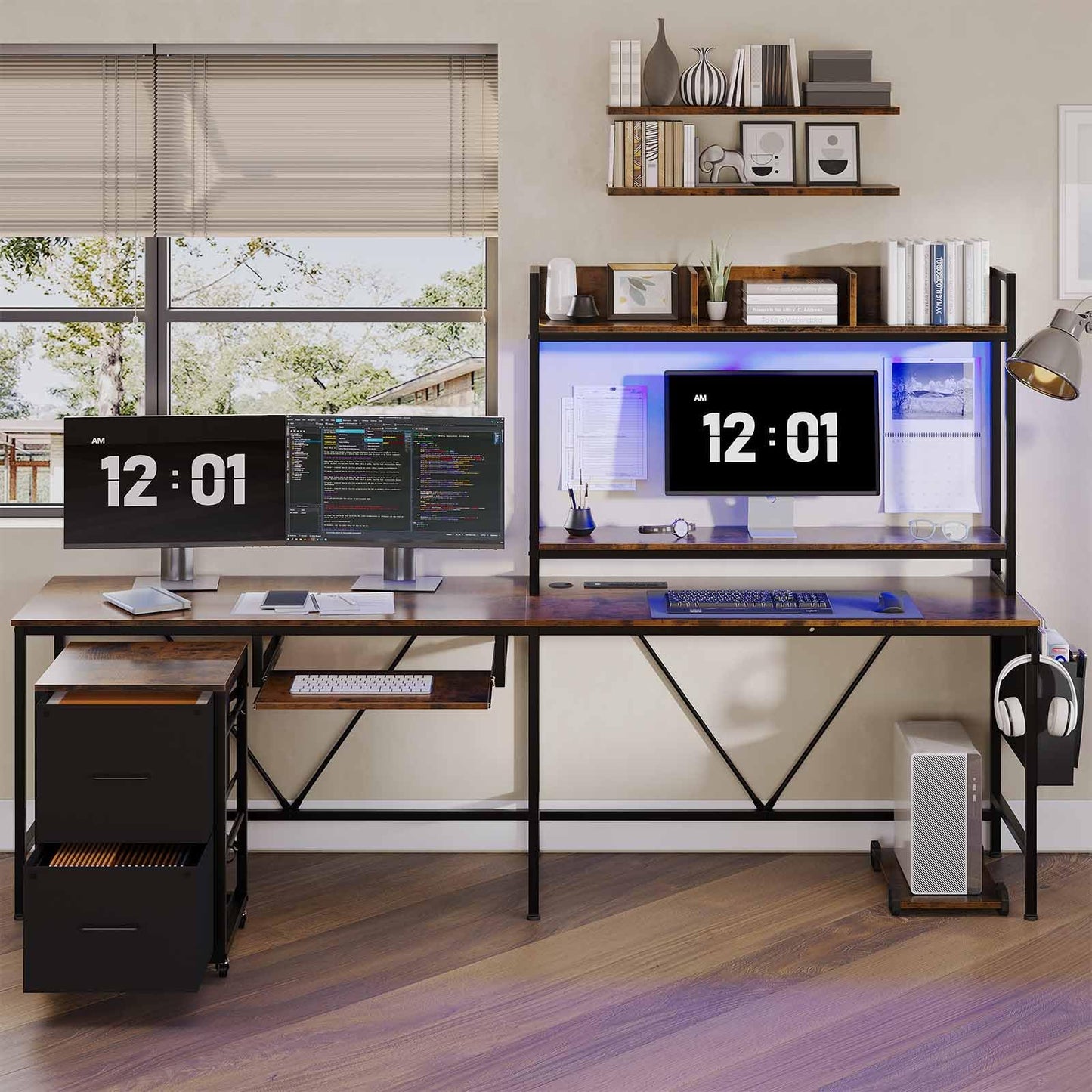 L Shaped Computer Desk with Power Outlet and LED Strip, Reversible Gaming Desk with 2 Drawer and Keyboard Tray, Rustic Brown