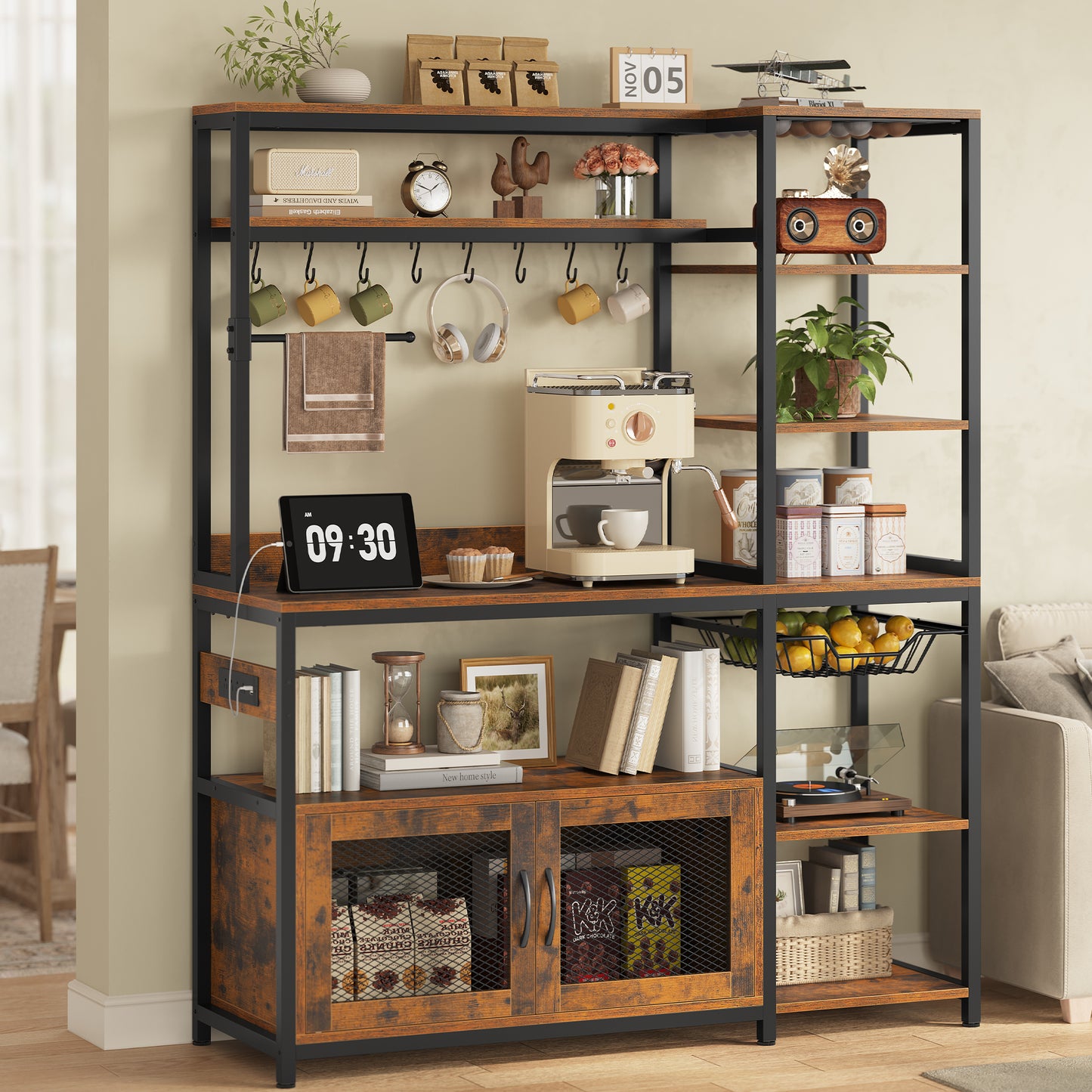 Bakers Rack with Power Outlet and LED Light, Coffee Bar with Coffee Pod Holder, Kitchen Microwave Stand with Storage Shelves, Cabinet, Wire Basket, 8 Hooks, Rustic Brown