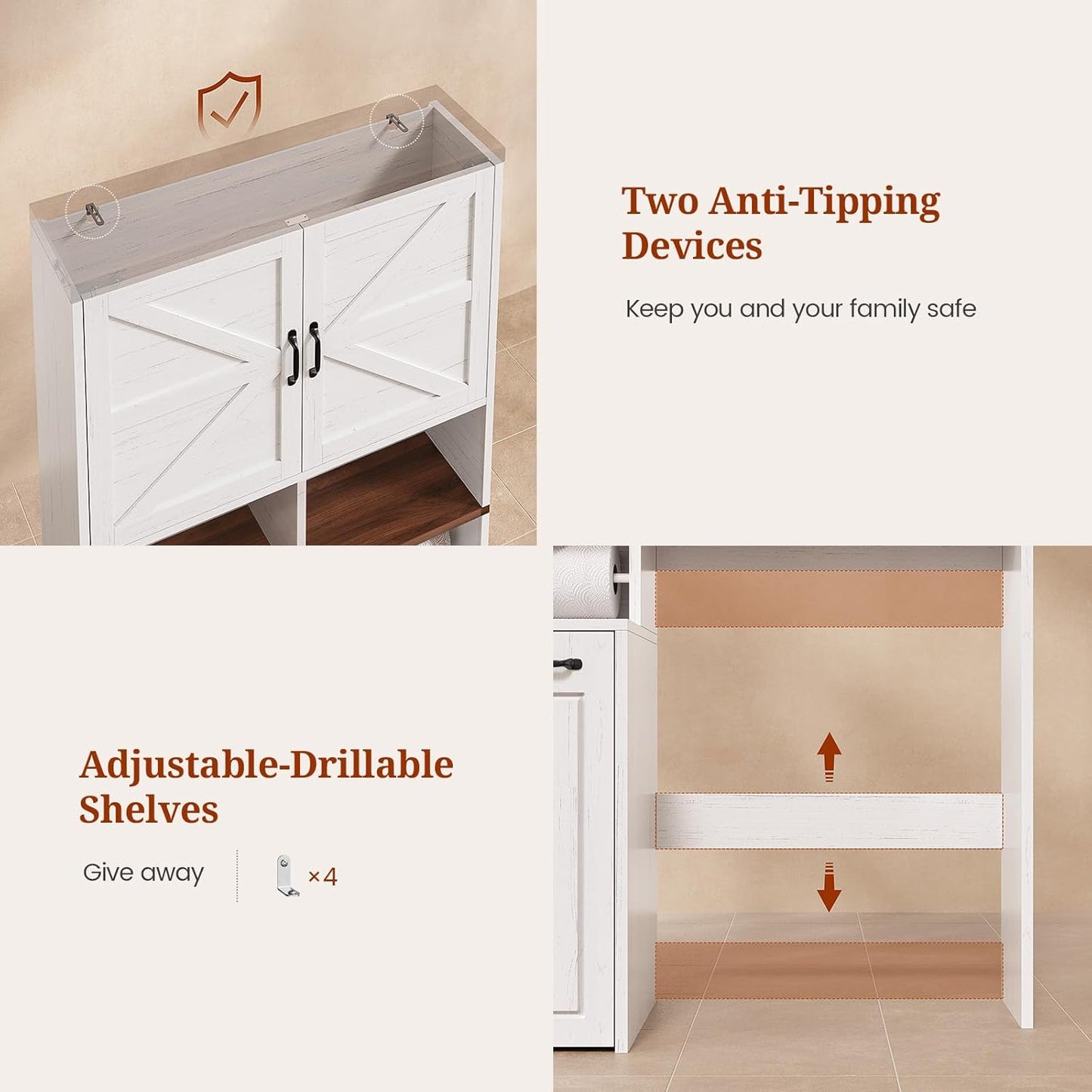 Farmhouse Over The Toilet Storage Cabinet, Bathroom Storage Cabinet, Space Saver W/Adjustable Shelf and Open Shelf for Bathroom, Restroom, Laundry, White Brown