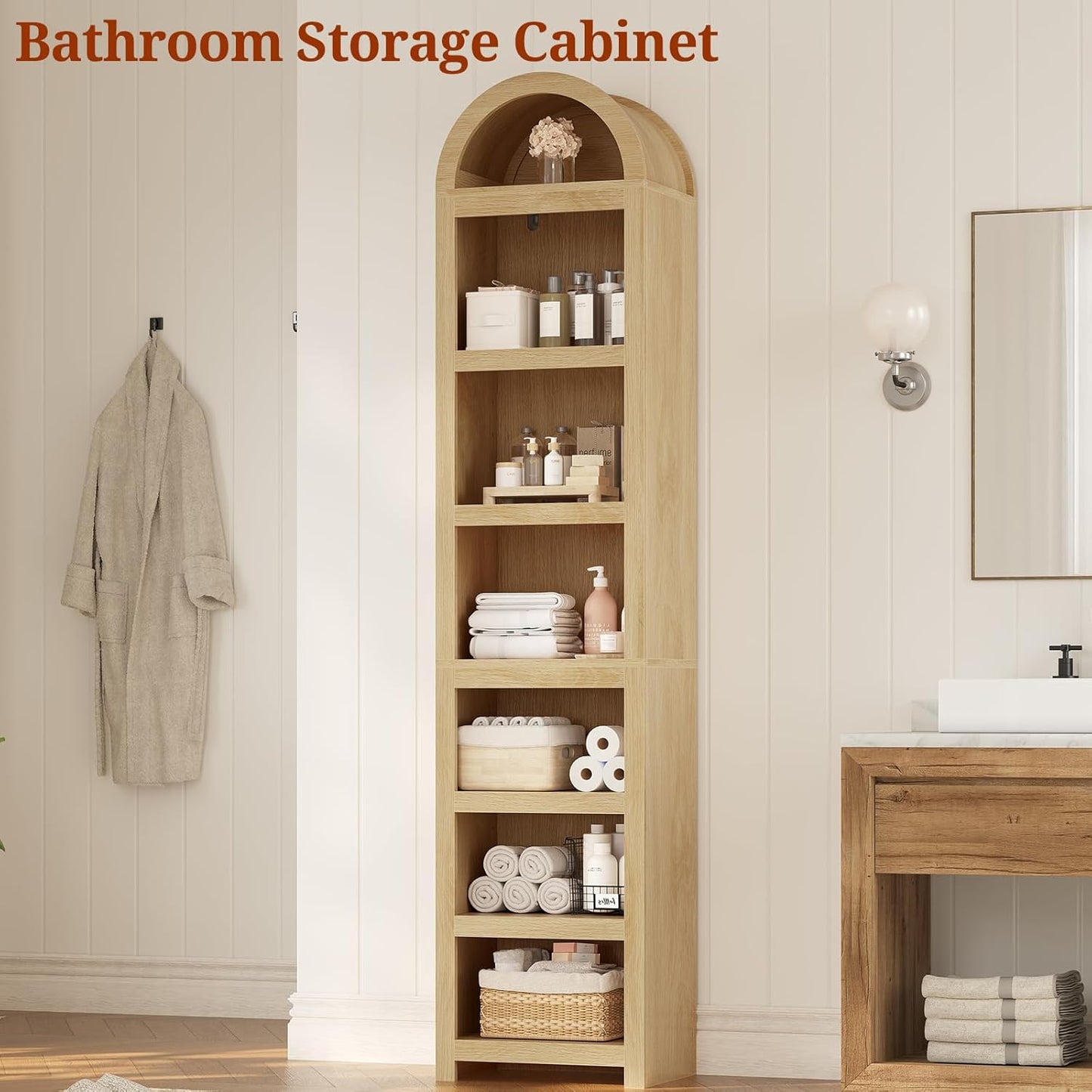 76" Tall Narrow Arched Bookcase, 7-Teir Mid-Century Modern Bookshelf with Adjustable Shelves for Living Room, Home Office, Oak