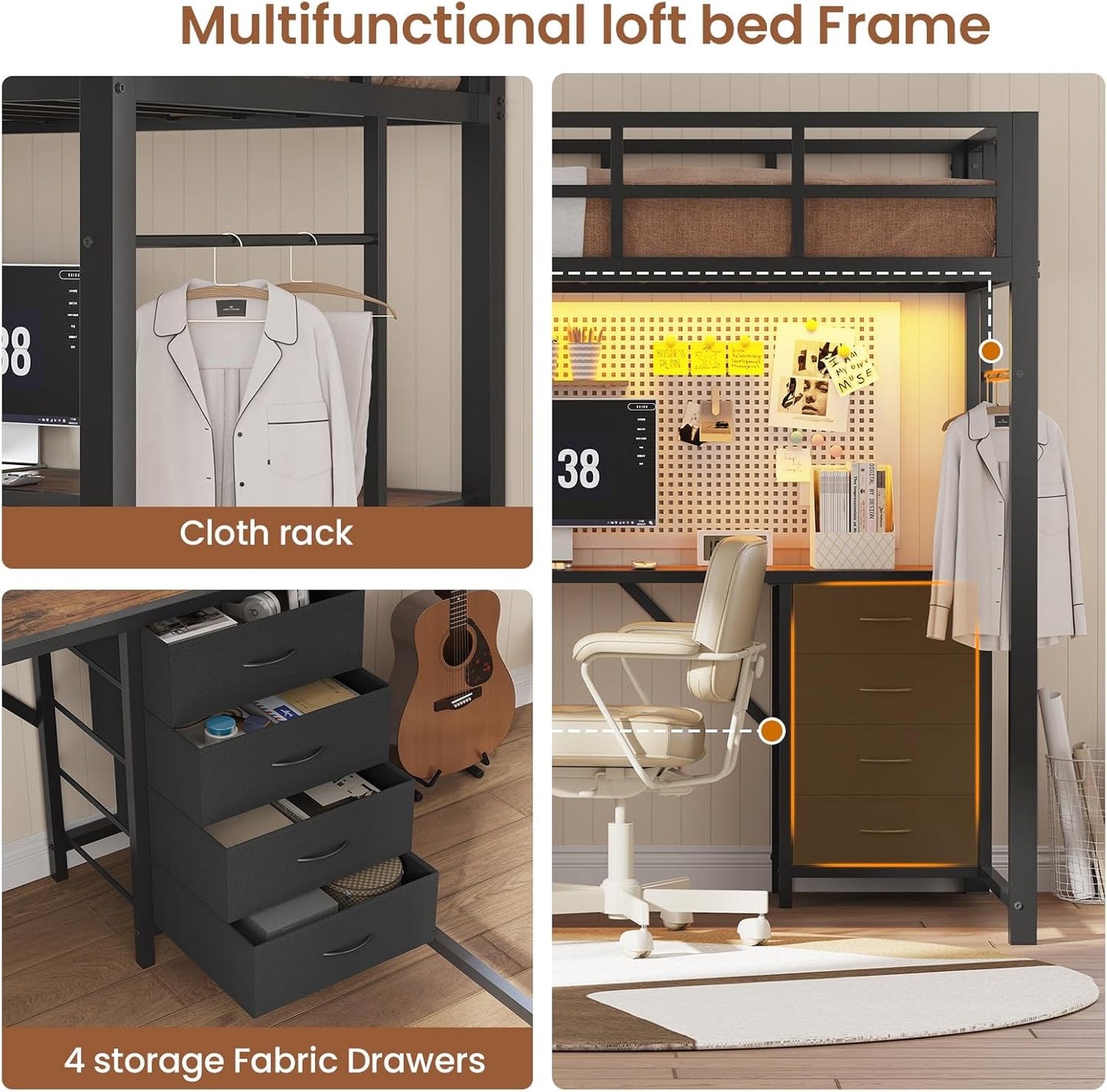 Twin Size Loft Bed with Power Outlet and LED Lights, Metal Loft Bed Frame with L Shape Desk and 4-Tier Storage Shelves, No Box Spring Needed, Black