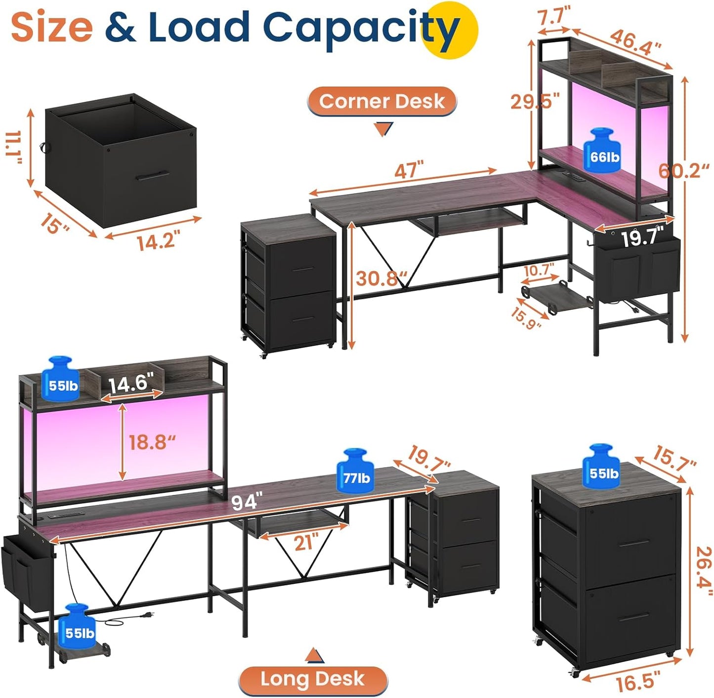 L Shaped Computer Desk with Power Outlet and LED Strip, Reversible Gaming Desk with 2 Drawer and Keyboard Tray, Gray