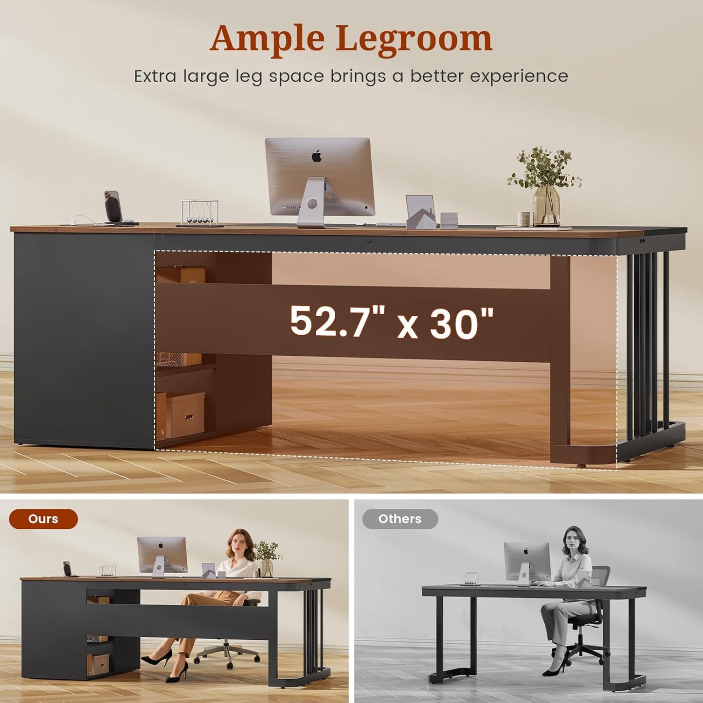 70.9" Executive Desk with Power Outlet, Large Office Desk with Lateral File Cabinet, Modern Computer Desk, Walnut