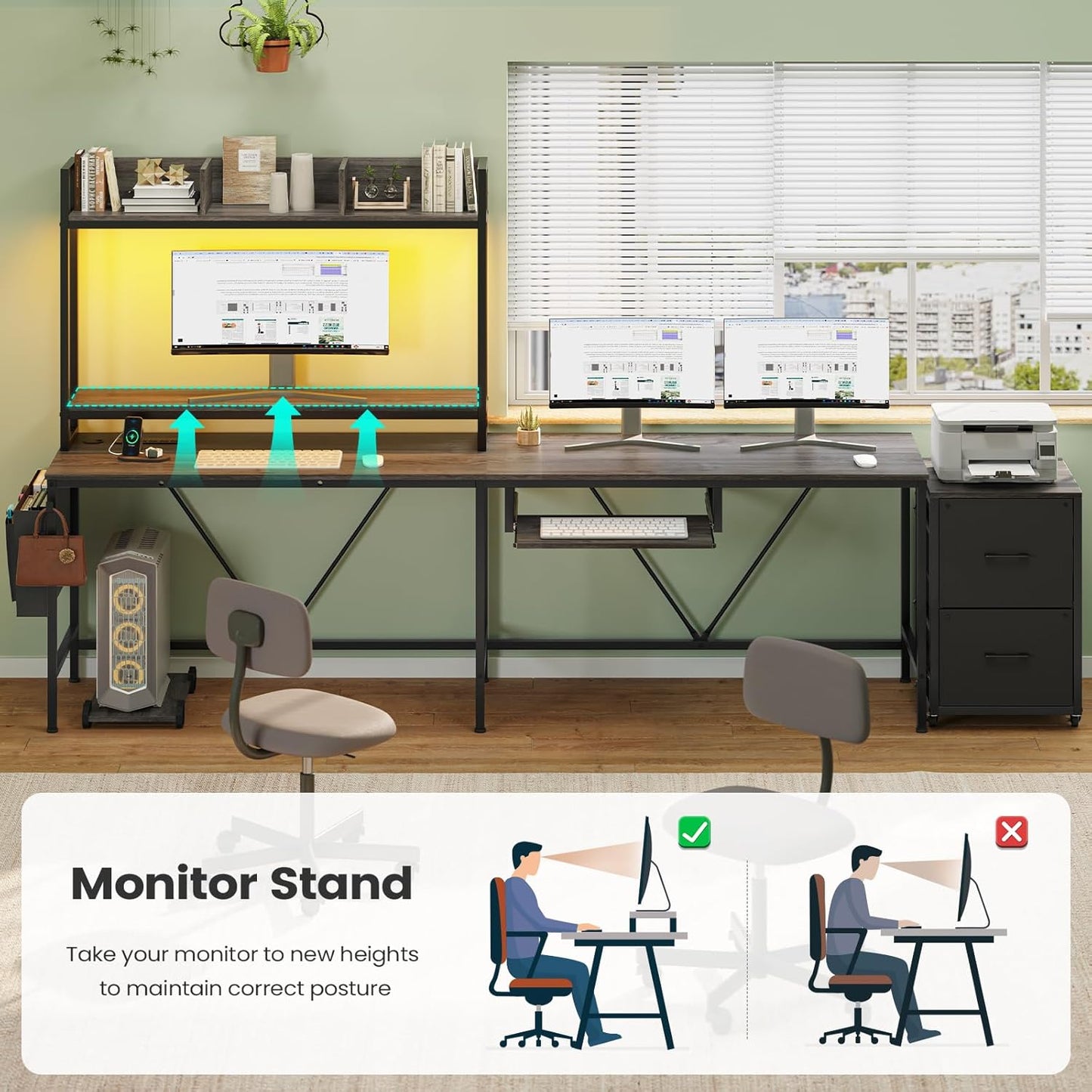 L Shaped Computer Desk with Power Outlet and LED Strip, Reversible Gaming Desk with 2 Drawer and Keyboard Tray, Gray