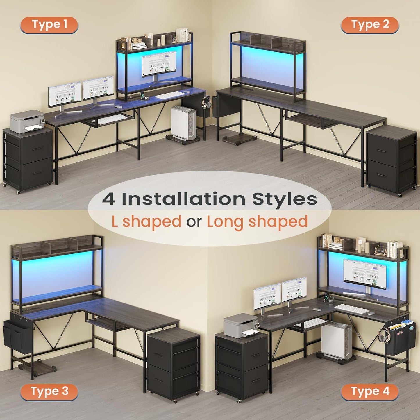 L Shaped Computer Desk with Power Outlet and LED Strip, Reversible Gaming Desk with 2 Drawer and Keyboard Tray, Gray