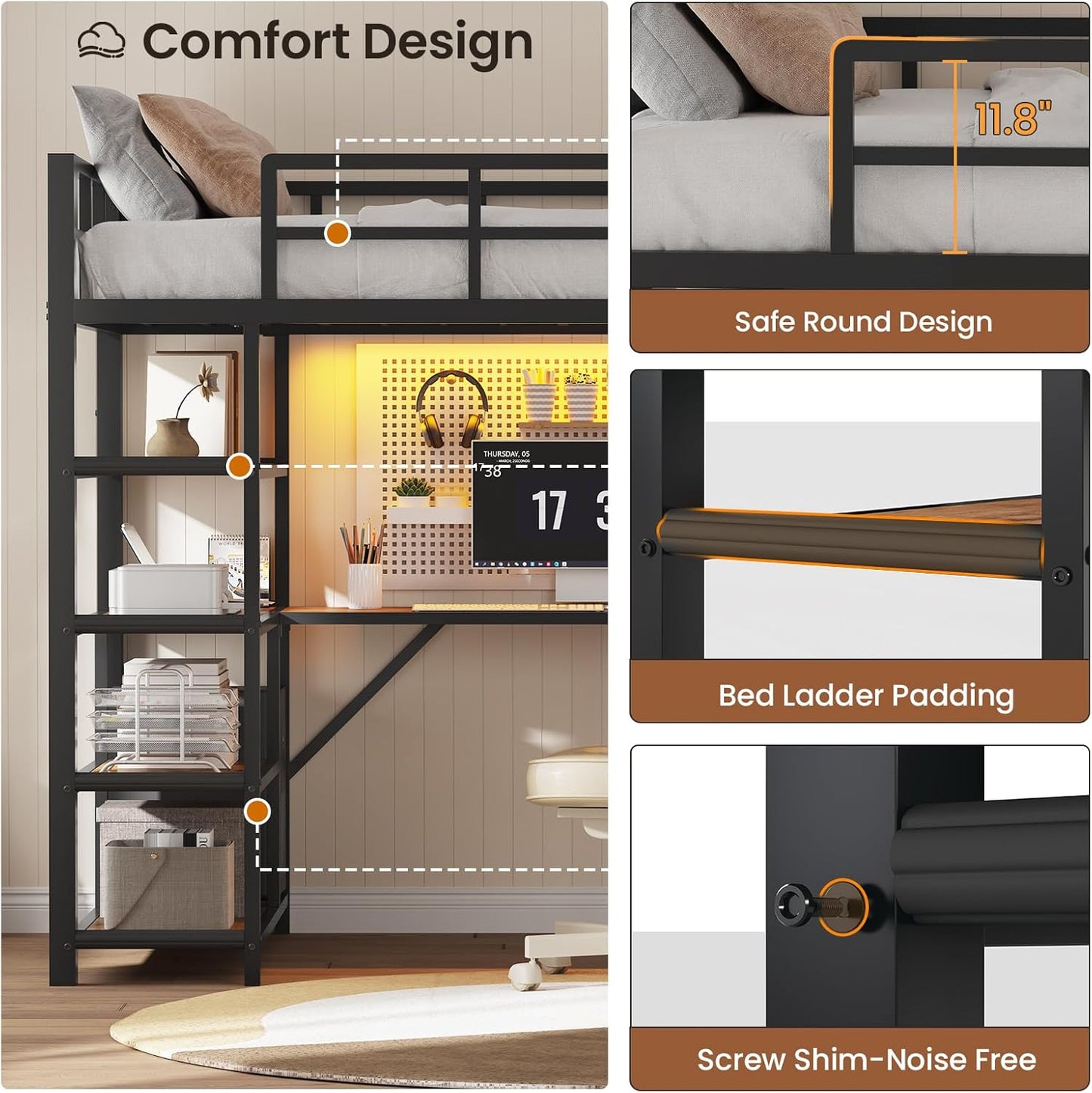 Twin Size Loft Bed with Power Outlet and LED Lights, Metal Loft Bed Frame with L Shape Desk and 4-Tier Storage Shelves, No Box Spring Needed, Black