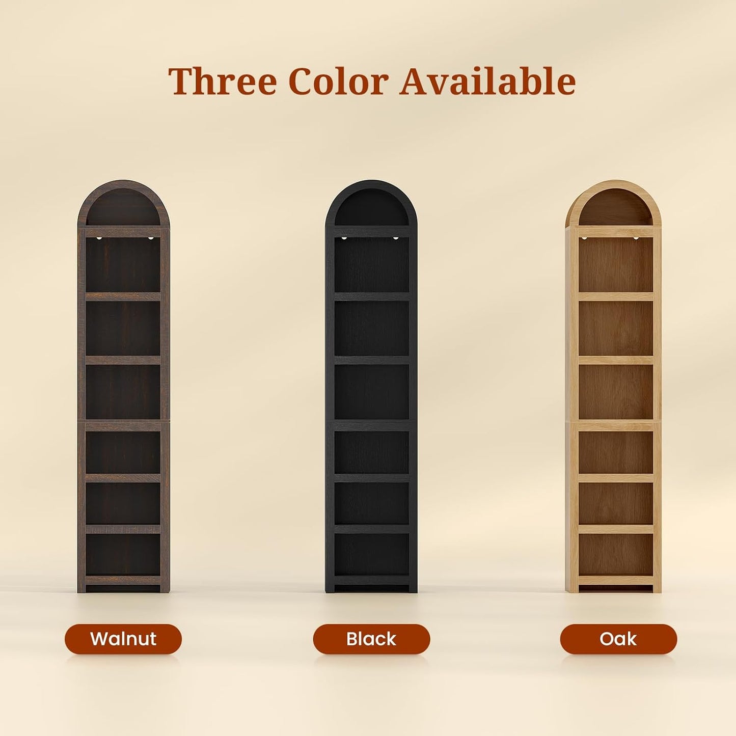 76" Tall Narrow Arched Bookcase, 7-Teir Mid-Century Modern Bookshelf with Adjustable Shelves for Living Room, Home Office, Black