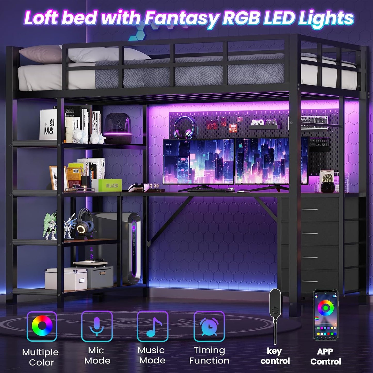 Twin Size Loft Bed with Power Outlet and LED Lights, Metal Loft Bed Frame with L Shape Desk and 4-Tier Storage Shelves, No Box Spring Needed, Black