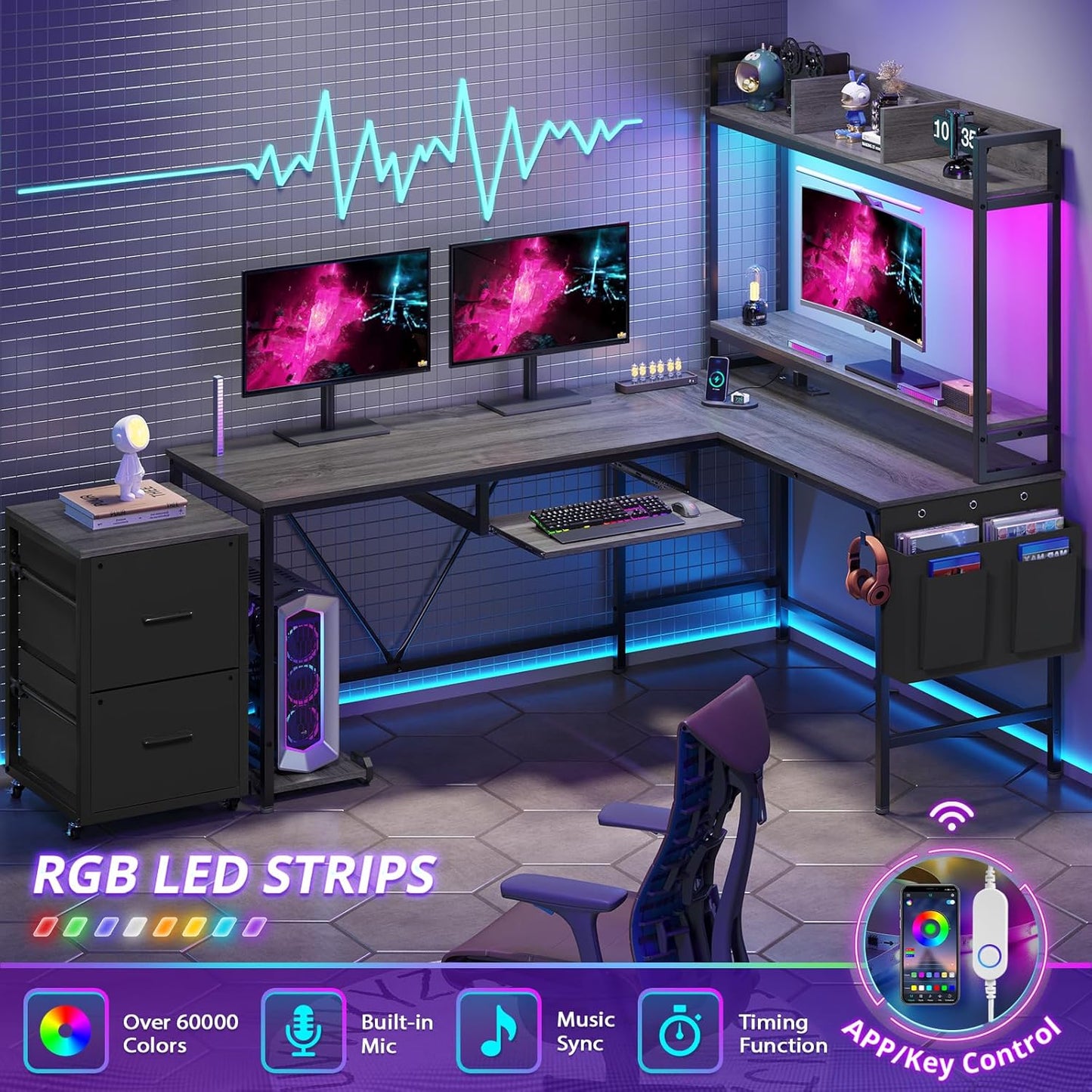 L Shaped Computer Desk with Power Outlet and LED Strip, Reversible Gaming Desk with 2 Drawer and Keyboard Tray, Gray