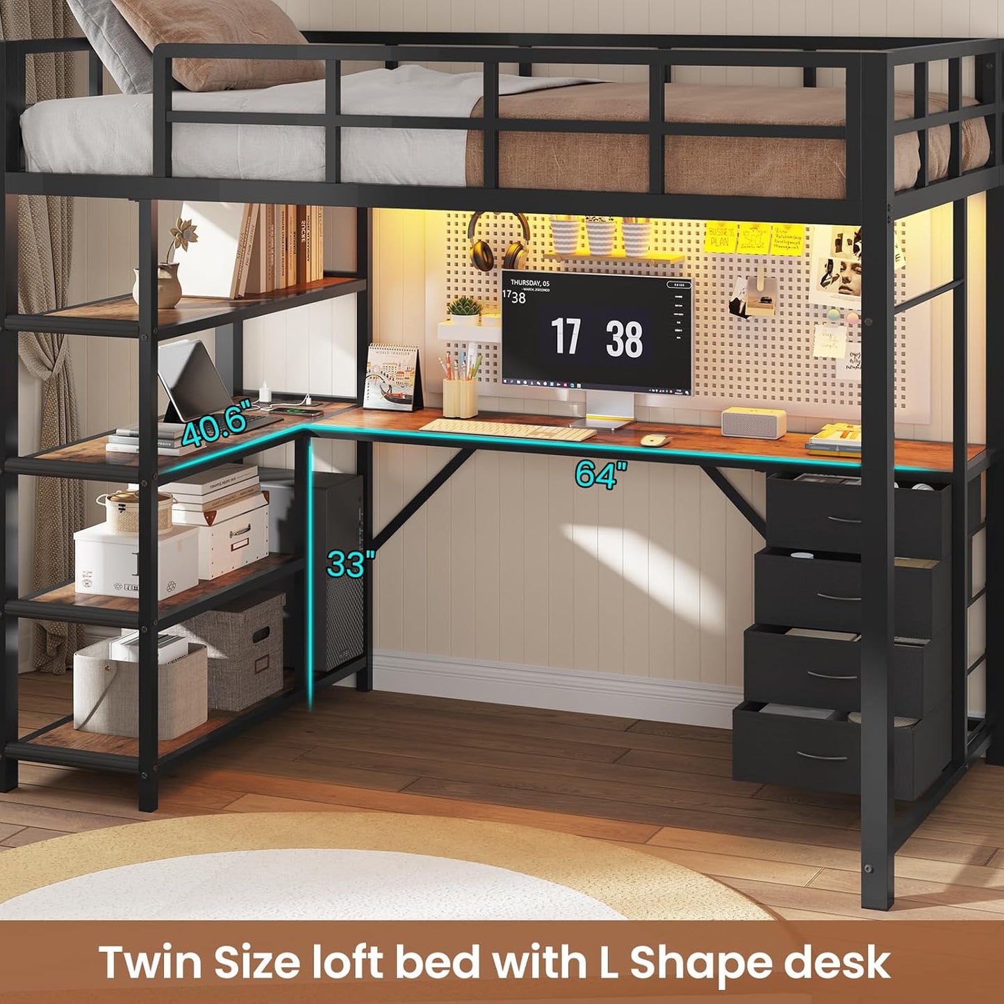 Twin Size Loft Bed with Power Outlet and LED Lights, Metal Loft Bed Frame with L Shape Desk and 4-Tier Storage Shelves, No Box Spring Needed, Black