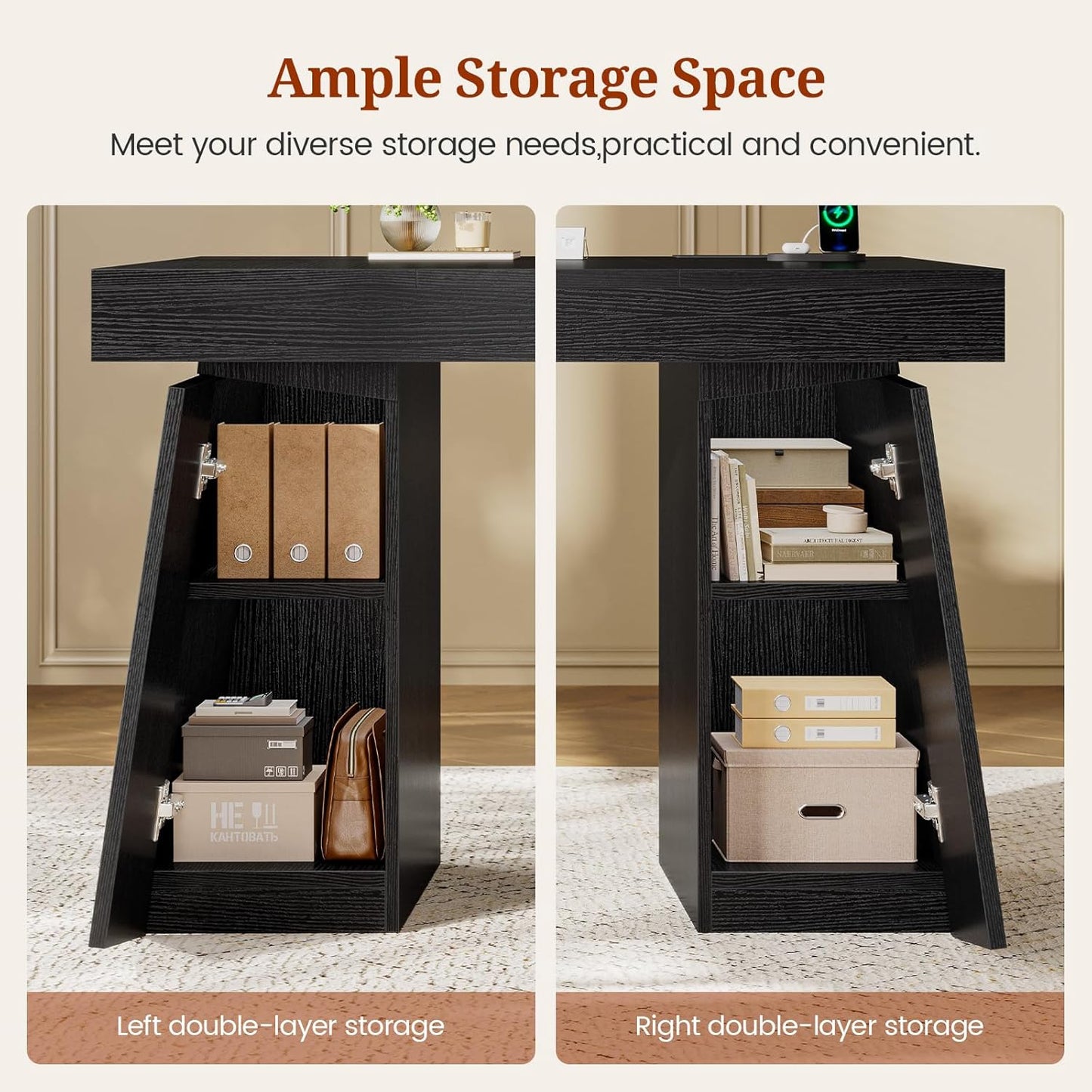 55.9" Executive Desk with Power Outlets, Modern Home Office Desk with Storage Cabinet, Computer Desk Conference Table, Black