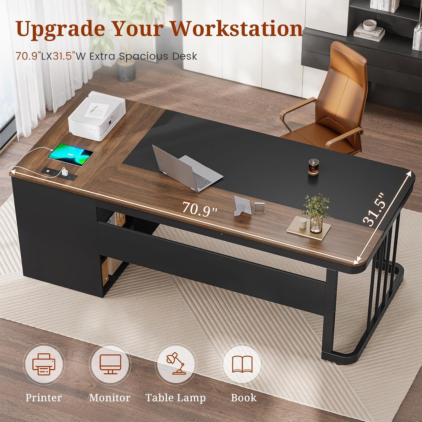 70.9" Executive Desk with Power Outlet, Large Office Desk with Lateral File Cabinet, Modern Computer Desk, Walnut