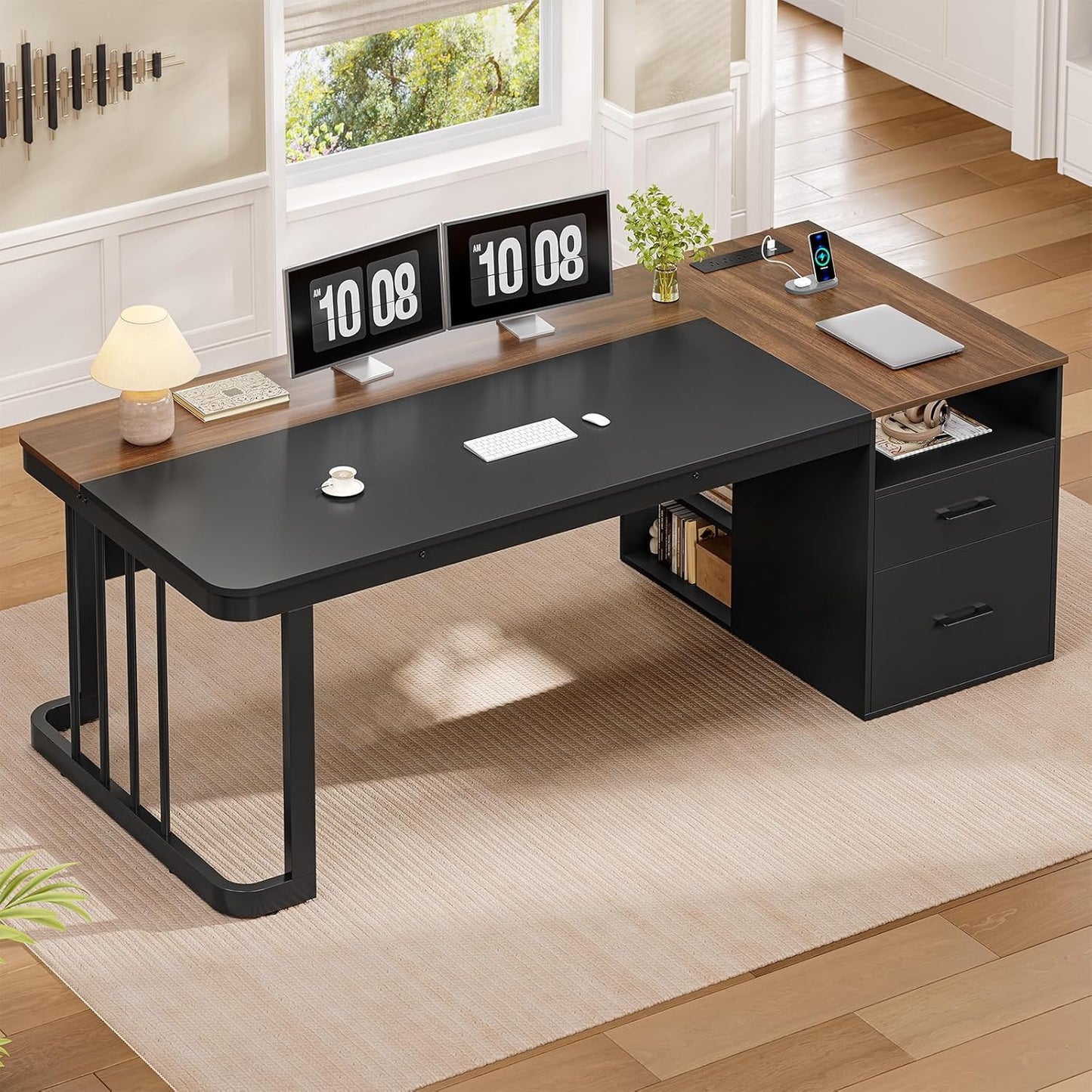 70.9" Executive Desk with Power Outlet, Large Office Desk with Lateral File Cabinet, Modern Computer Desk, Walnut