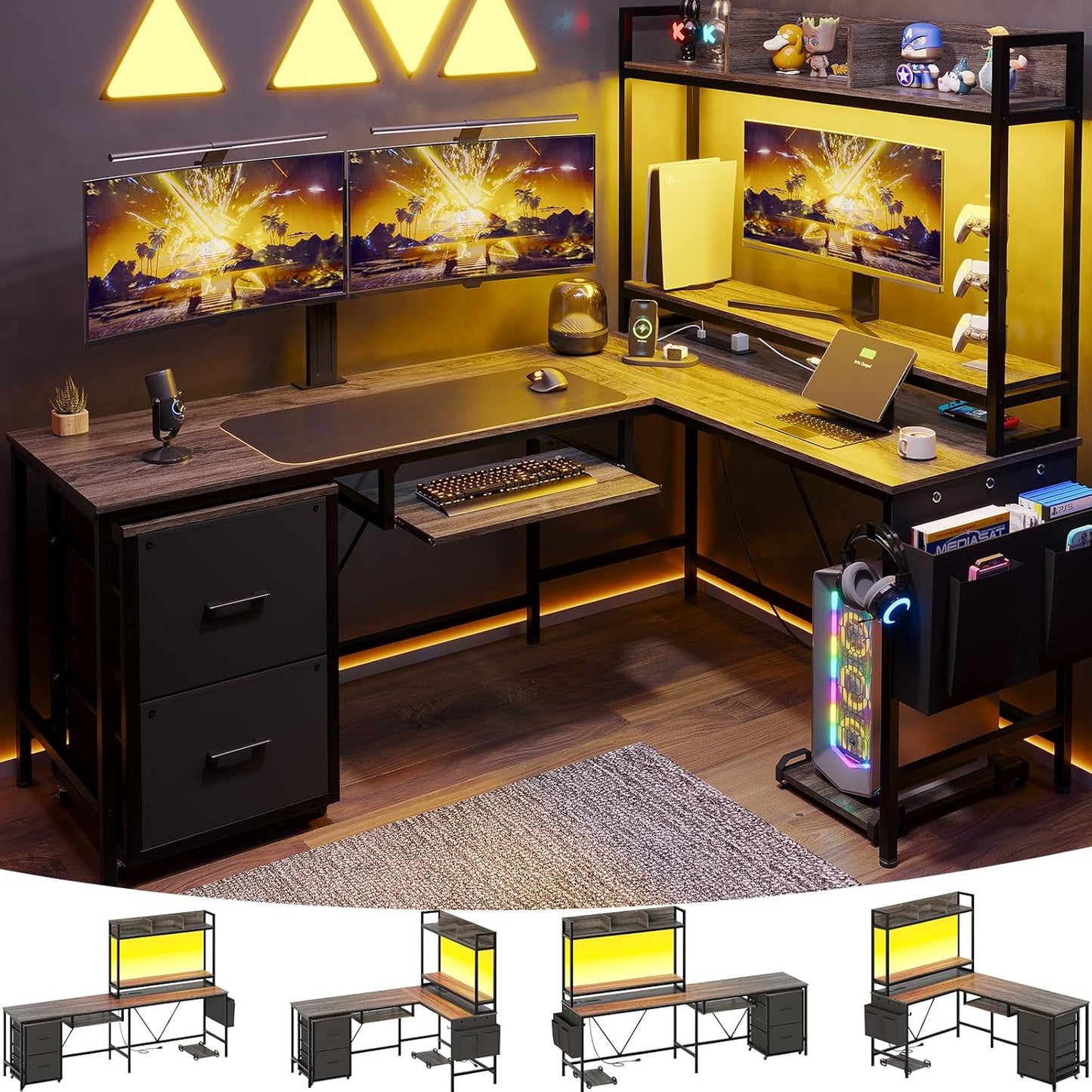 L Shaped Computer Desk with Power Outlet and LED Strip, Reversible Gaming Desk with 2 Drawer and Keyboard Tray, Gray