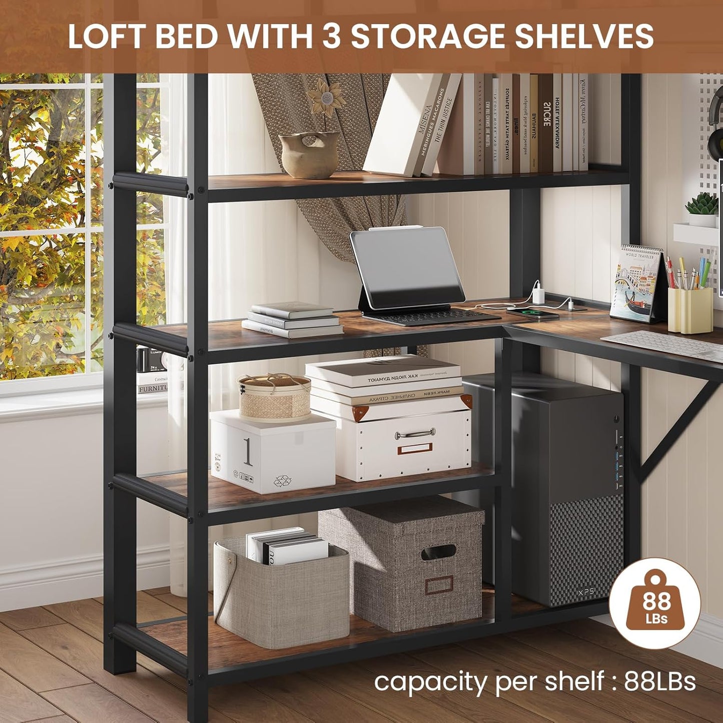 Twin Size Loft Bed with Power Outlet and LED Lights, Metal Loft Bed Frame with L Shape Desk and 4-Tier Storage Shelves, No Box Spring Needed, Black