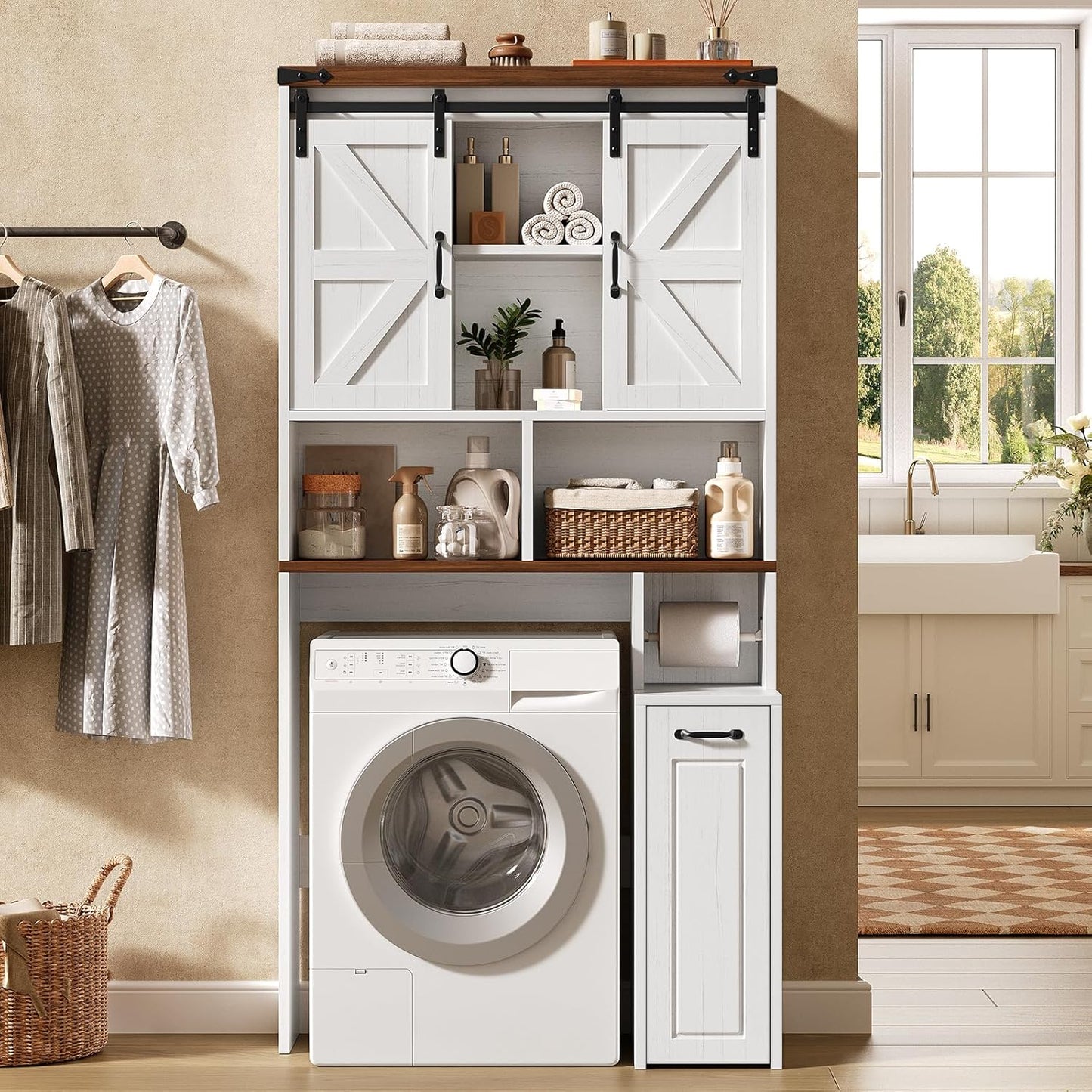 Farmhouse Over The Toilet Storage Cabinet with Pulley, Bathroom Storage Cabinet with Adjustable Shelf and Open Shelf for Bathroom, Restroom, Laundry, White Brown