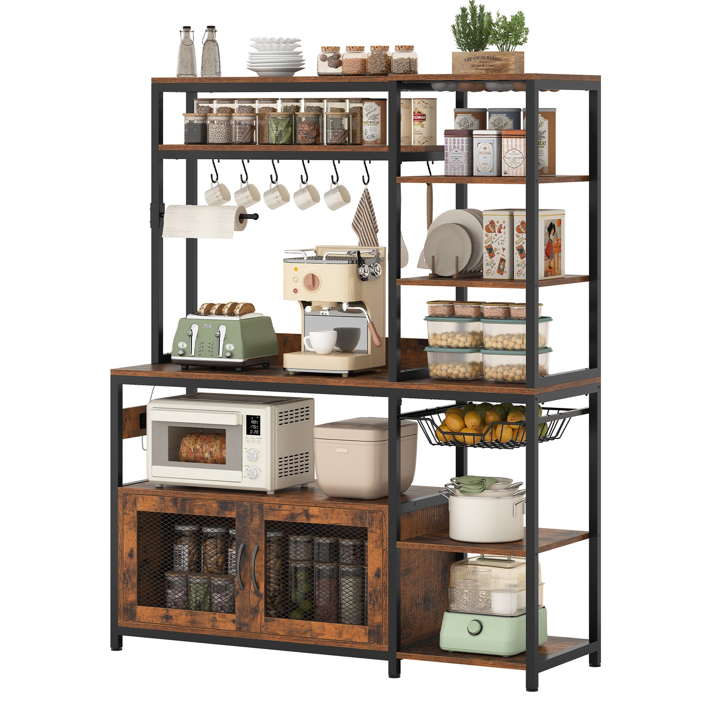 Bakers Rack with Power Outlet and LED Light, Coffee Bar with Coffee Pod Holder, Kitchen Microwave Stand with Storage Shelves, Cabinet, Wire Basket, 8 Hooks, Rustic Brown