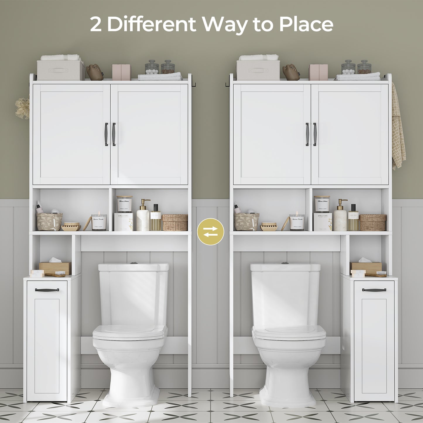 Over The Toilet Storage Cabinet with Pulley, Bathroom Storage Cabinet, with Adjustable Shelf and Open Shelf for Bathroom, Restroom, Laundry, White