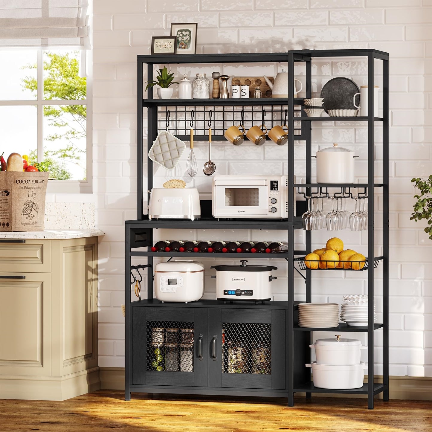 Bakers Rack with Power Outlet, Kitchen Stand with Storage Shelf and Cabinet, Black
