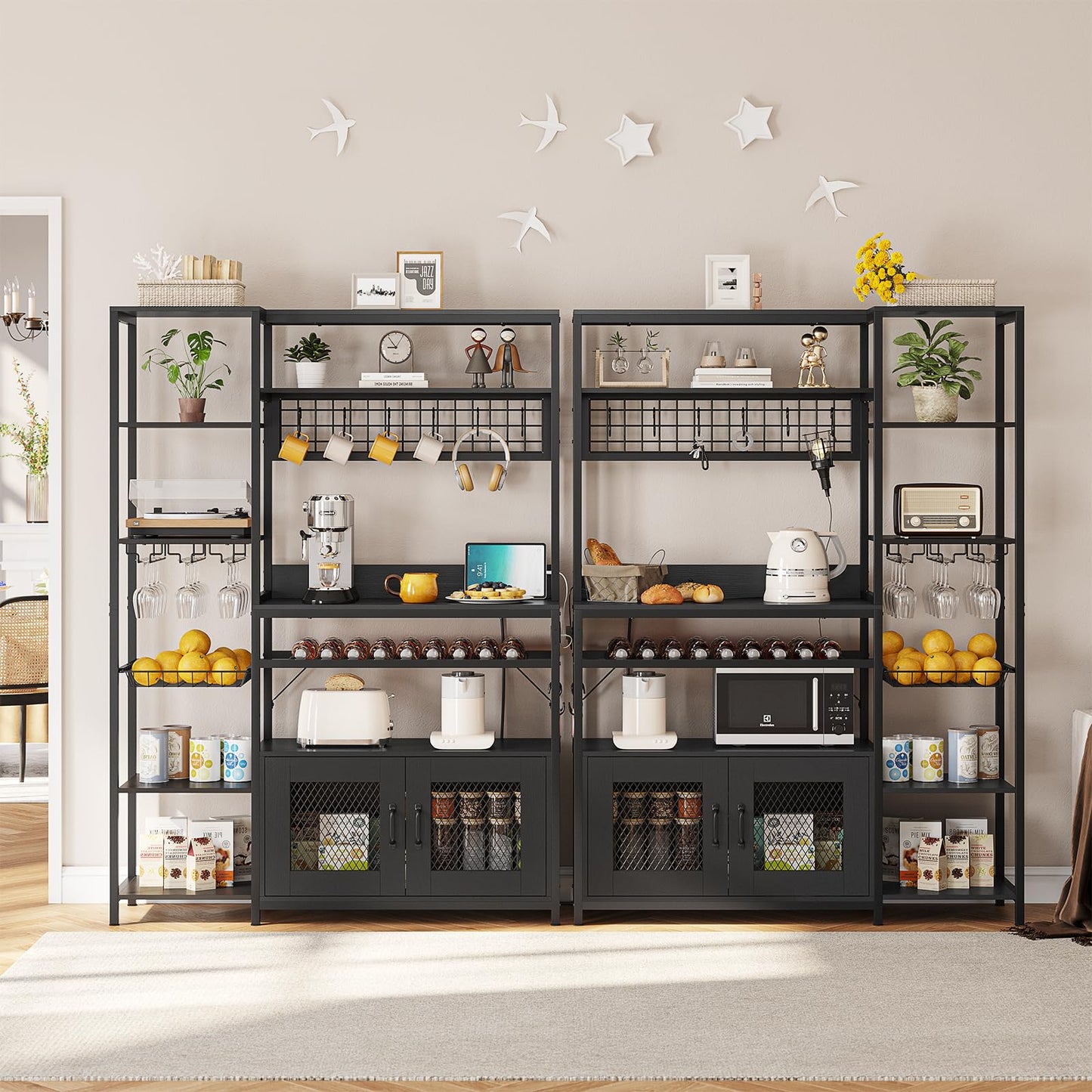 Bakers Rack with Power Outlet, Kitchen Stand with Storage Shelf and Cabinet, Black