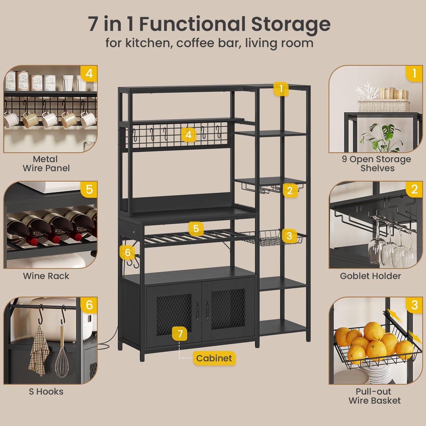 Bakers Rack with Power Outlet, Kitchen Stand with Storage Shelf and Cabinet, Black