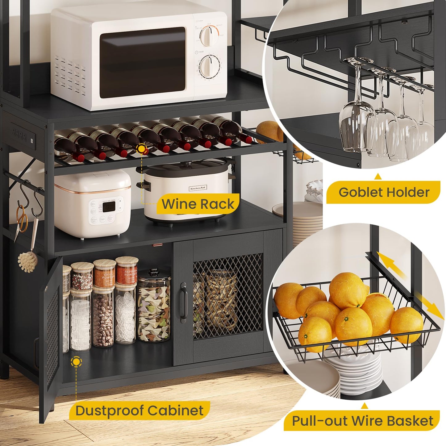 Bakers Rack with Power Outlet, Kitchen Stand with Storage Shelf and Cabinet, Black