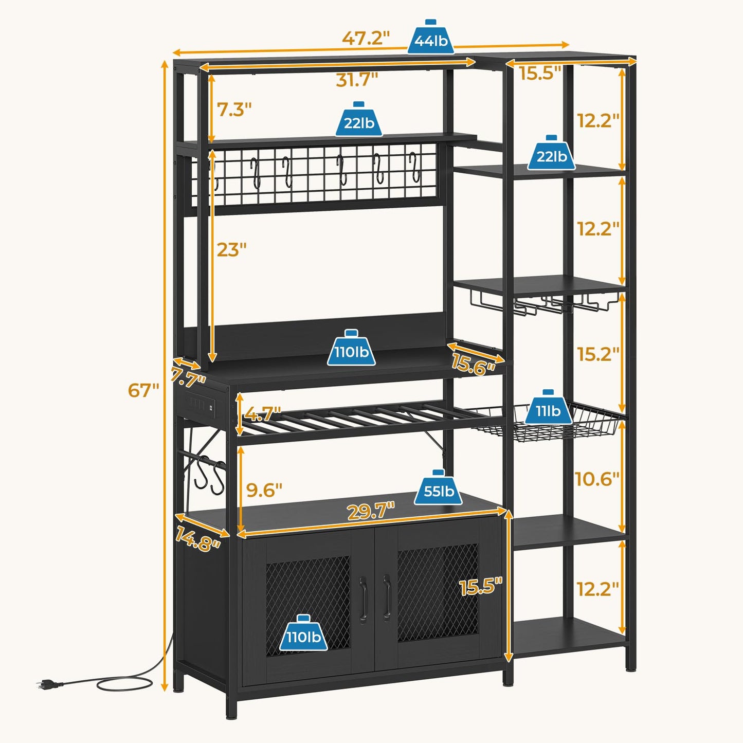 Bakers Rack with Power Outlet, Kitchen Stand with Storage Shelf and Cabinet, Black