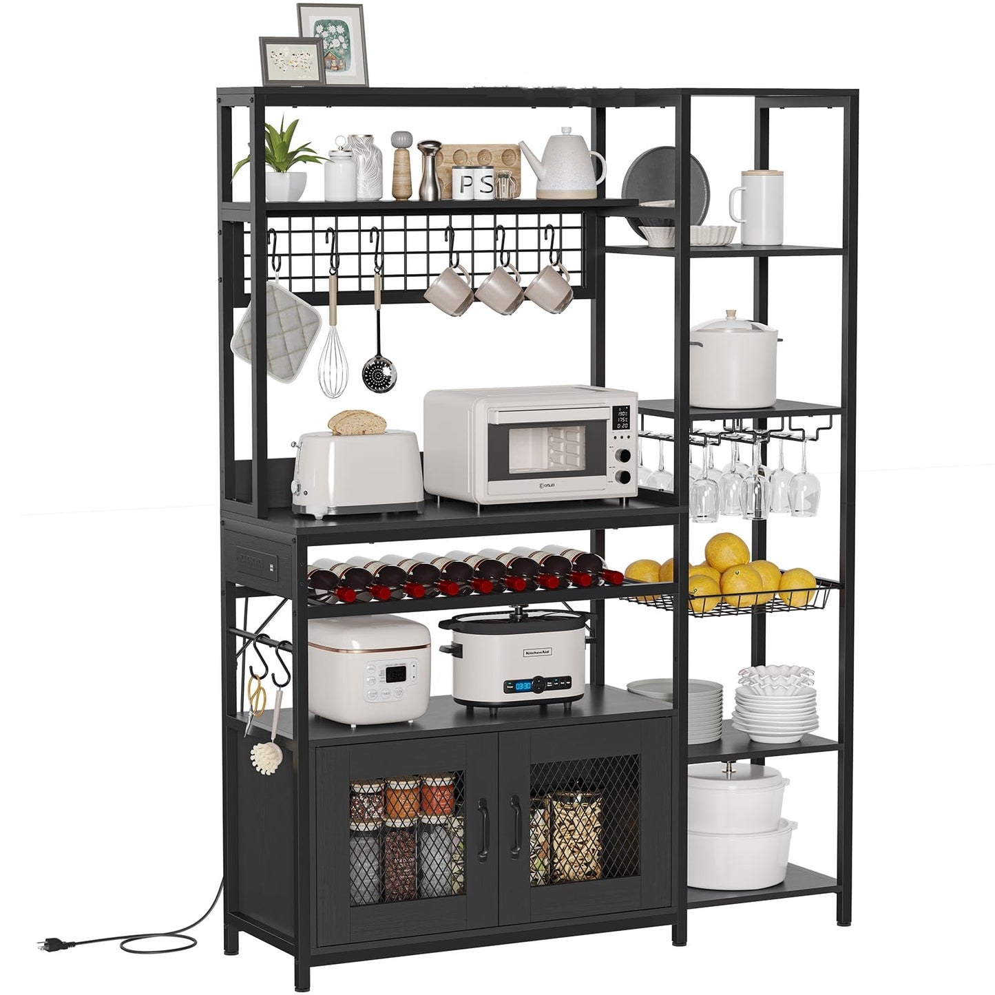 Bakers Rack with Power Outlet, Kitchen Stand with Storage Shelf and Cabinet, Black