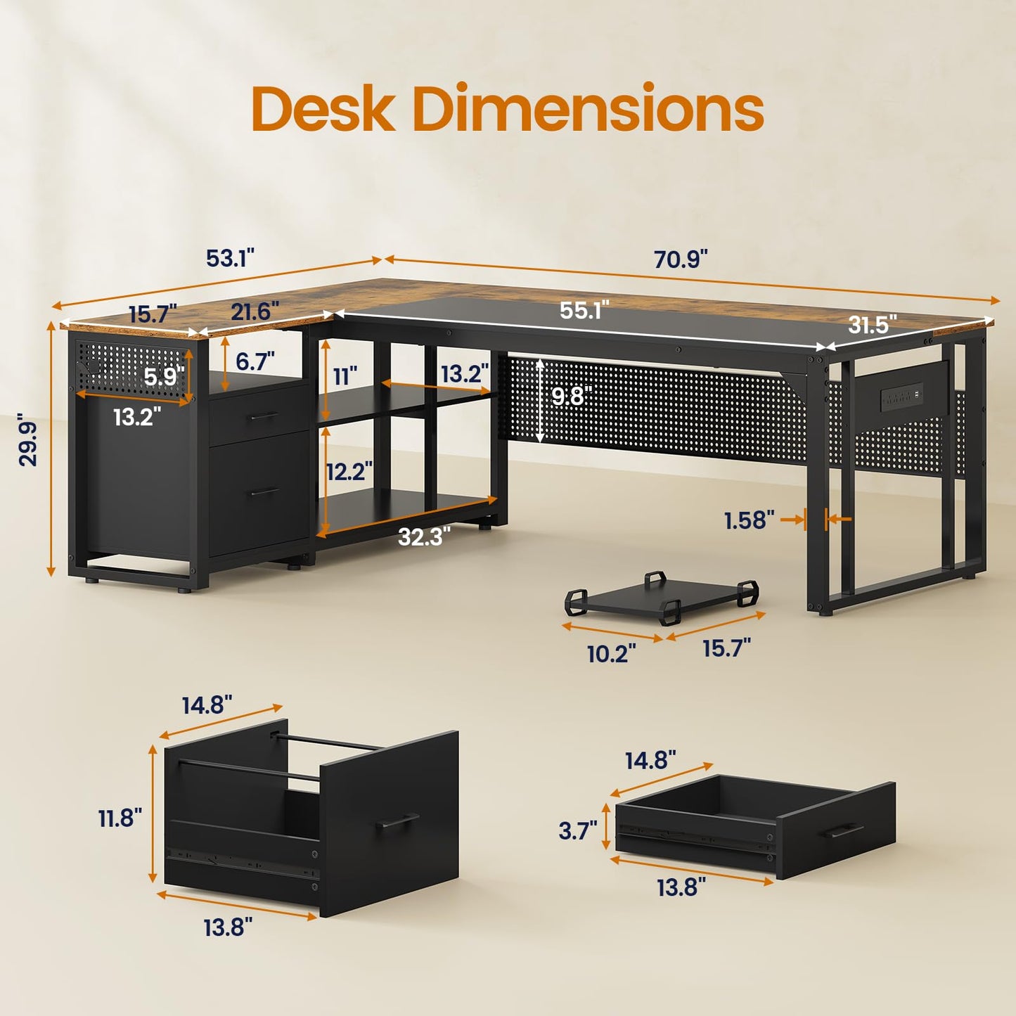 71" Executive Desk with Power Outlets, Modern L Shaped Office Desk with File Drawers and Pegboard, Large Computer Desk, Rustic Brown