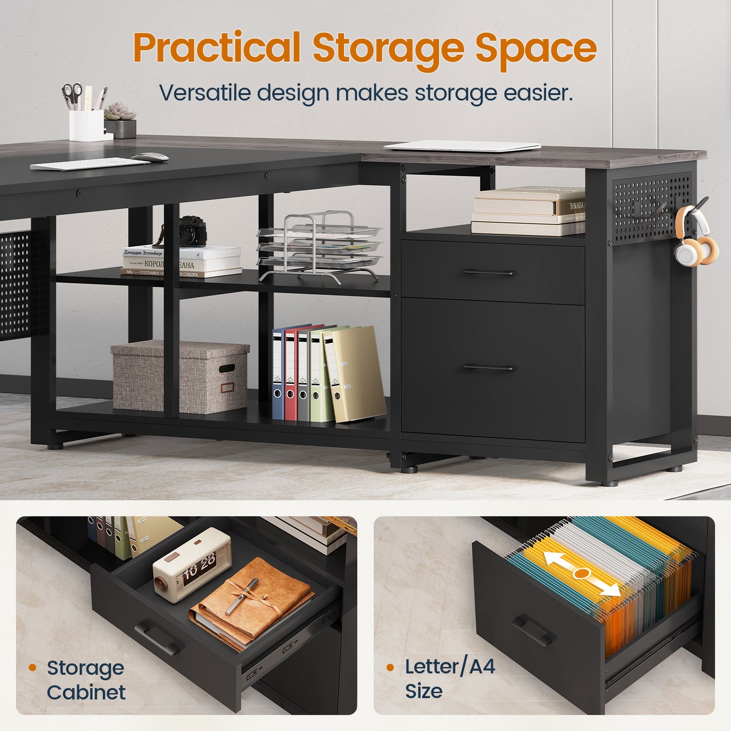 71" Executive Desk with Power Outlets, Modern L Shaped Office Desk with File Drawers and Pegboard, Large Computer Desk, Gray