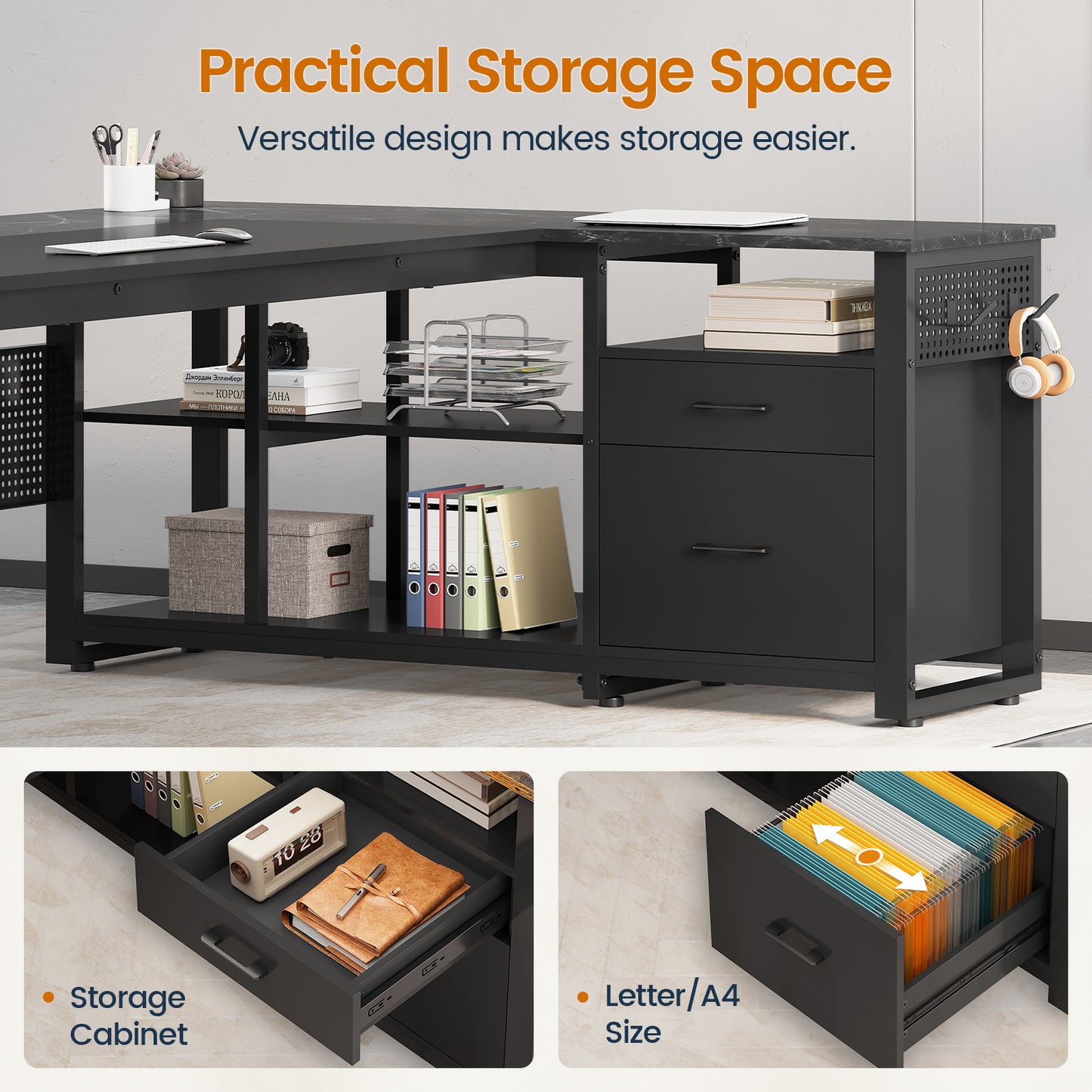 71" Executive Desk with Power Outlets, Modern L Shaped Office Desk with File Drawers and Pegboard, Large Computer Desk, Marble Black