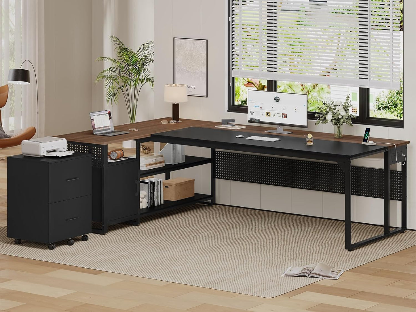 71" L Shaped Executive Desk, Reversible Computer Desk with Mobile File Cabinet and Power Outlets, Large Office Desk with Storage Shelves for Home Office, Walnut