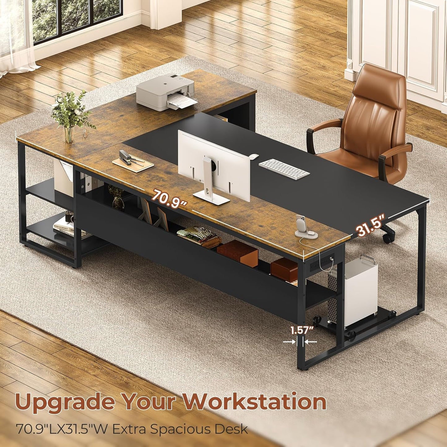 71" Executive Desk, Reversible L Shaped Computer Desk with Widen File Drawers and Power Outlets, Corner Desk Business Furniture, Rustic Brown