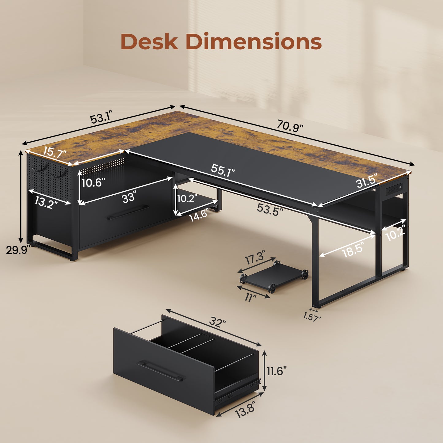 71" Executive Desk, Reversible L Shaped Computer Desk with Widen File Drawers and Power Outlets, Corner Desk Business Furniture, Rustic Brown