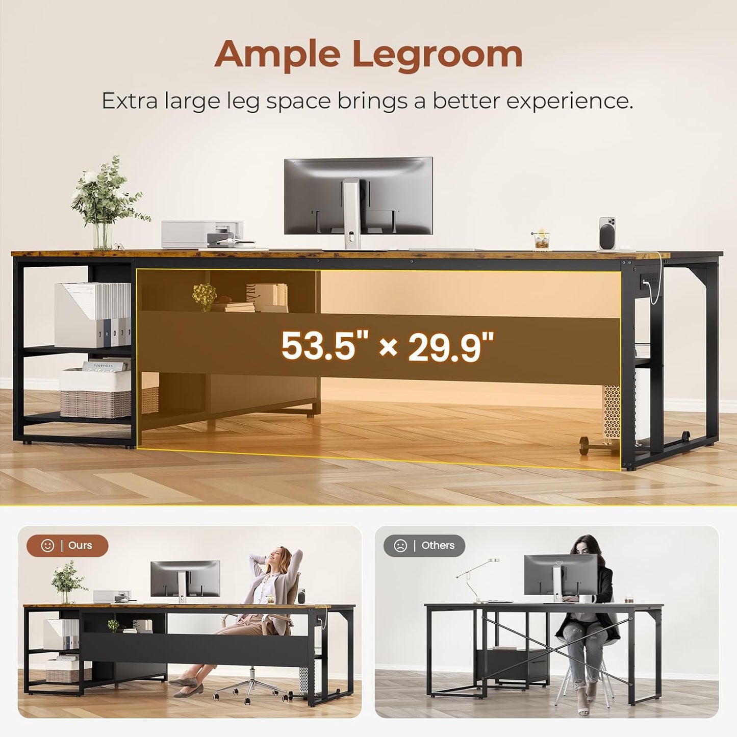 71" Executive Desk, Reversible L Shaped Computer Desk with Widen File Drawers and Power Outlets, Corner Desk Business Furniture, Rustic Brown