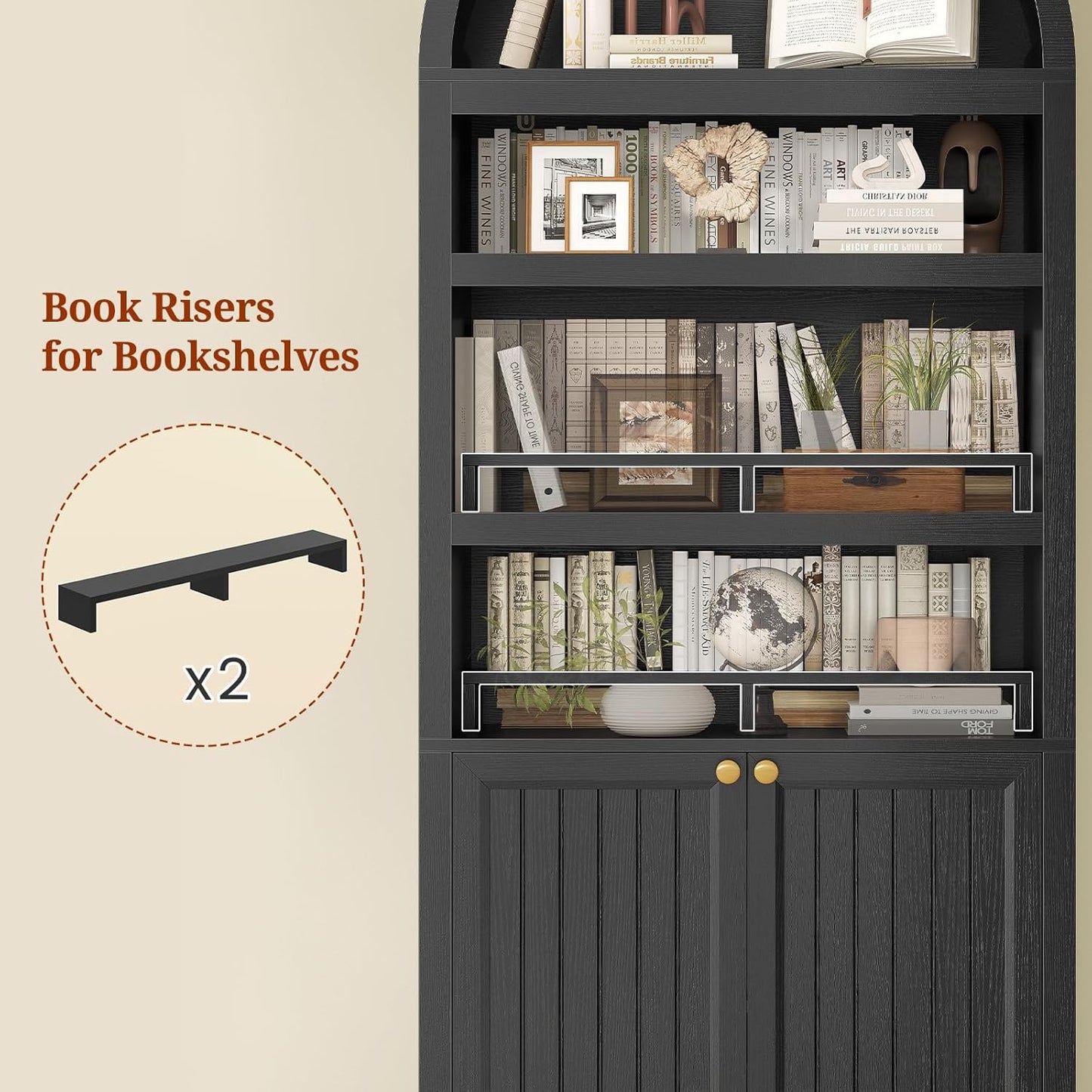 81" Tall Arched Bookshelf, Kitchen Pantry Storage Cabinet, 6-Tier Bookcase with 2 Doors for Living Room, Kitchen, Home Office, Black
