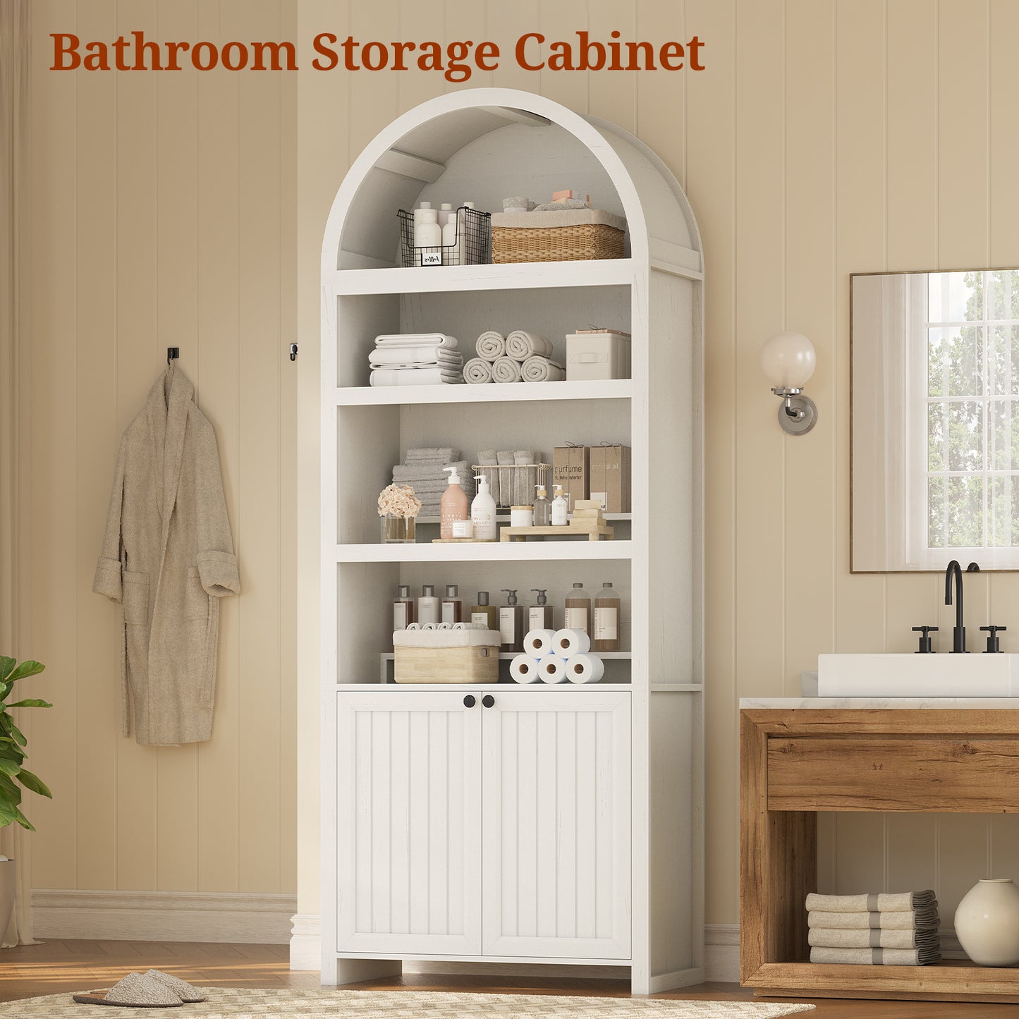 81" Tall Arched Bookshelf, Kitchen Pantry Storage Cabinet, 6-Tier Bookcase with 2 Doors for Living Room, Kitchen, Home Office, Antique White