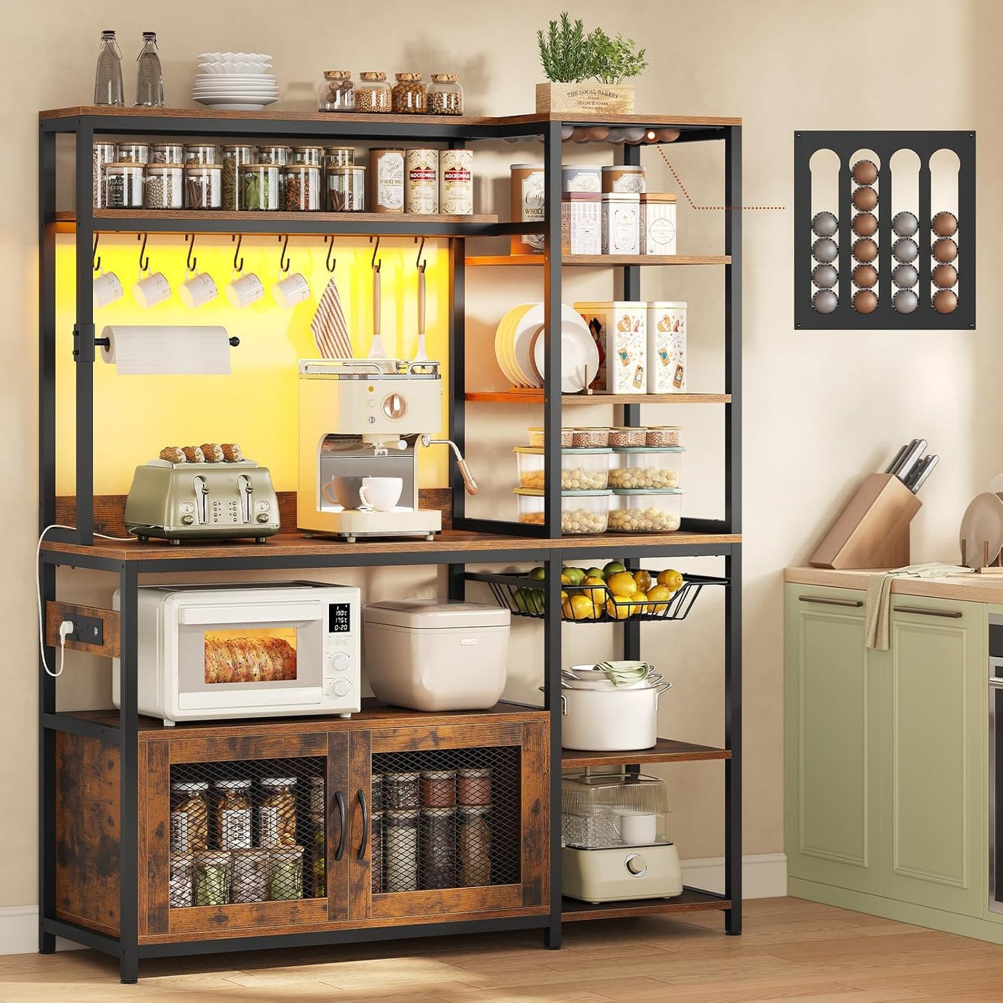 Bakers Rack with Power Outlet and LED Light, Coffee Bar with Coffee Pod Holder, Kitchen Microwave Stand with Storage Shelves, Cabinet, Wire Basket, 8 Hooks, Rustic Brown