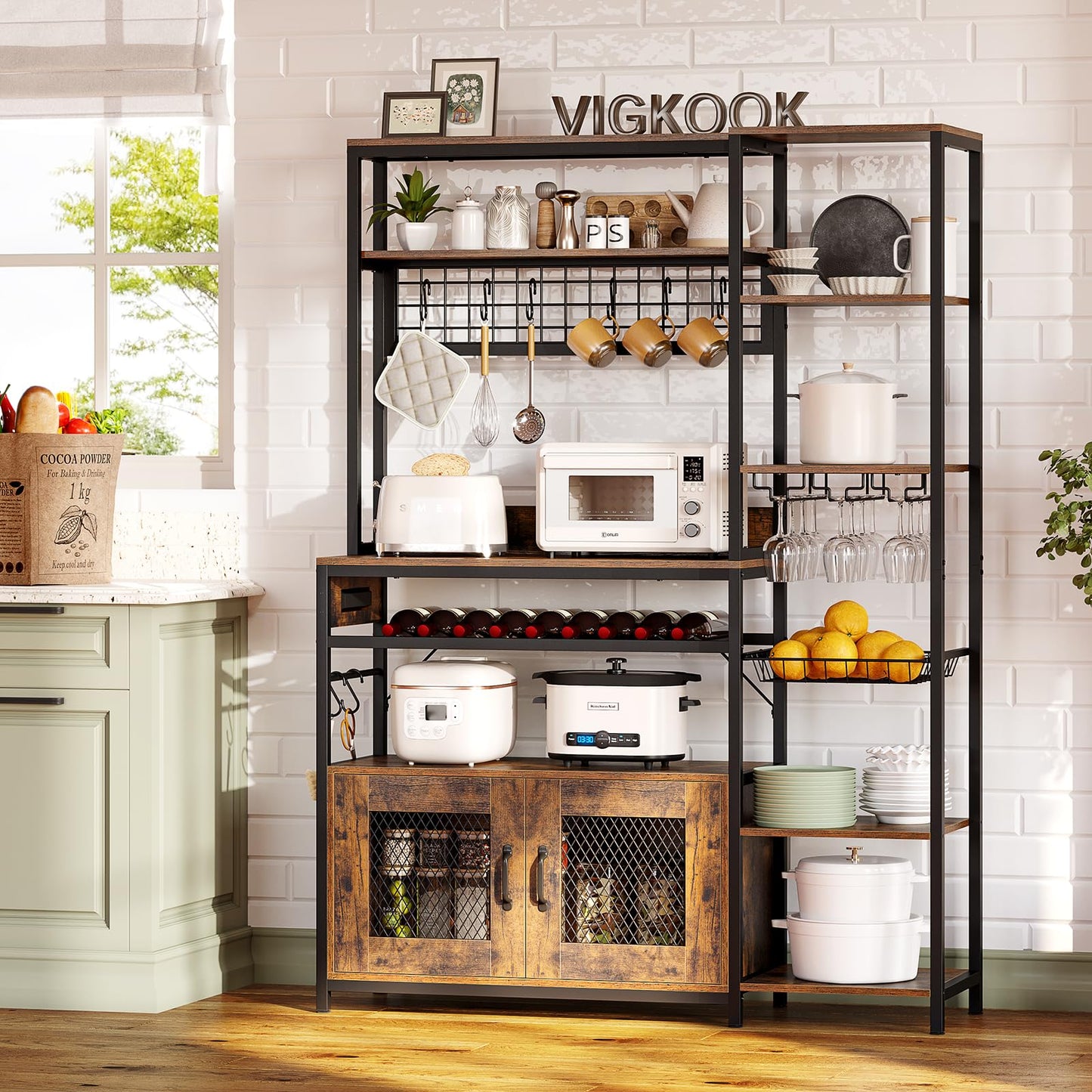 Bakers Rack with Power Outlet, Kitchen Stand with Storage Shelf and Cabinet, Rustic Brown
