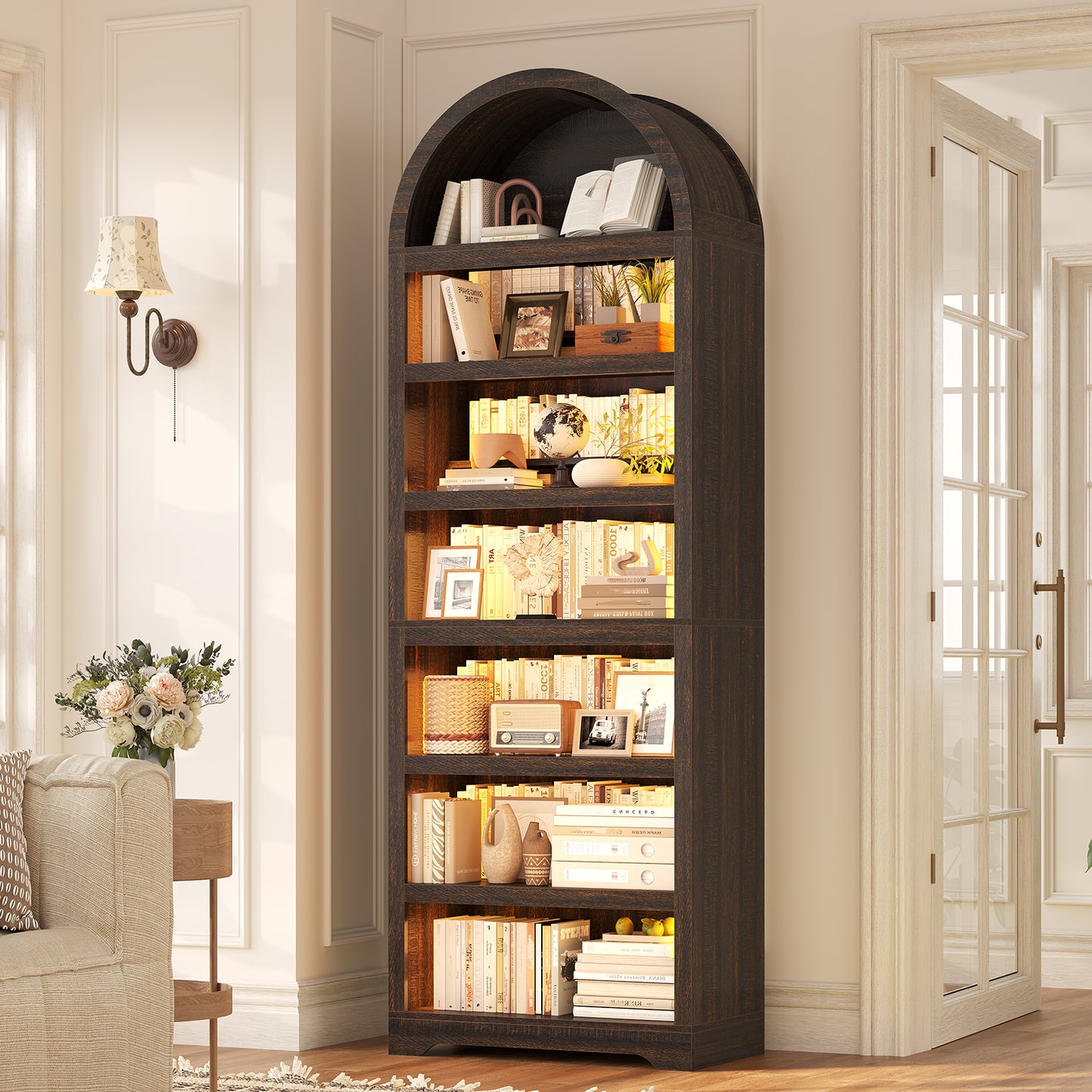 79.4" Tall Arched Cabinet, Modern 7-Tier Bookshelf with RGB Light and Adjustable Shelf, Brown