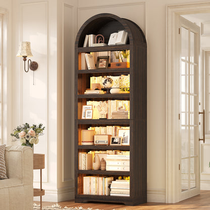 79.4" Tall Arched Cabinet, Modern 7-Tier Bookshelf with RGB Light and Adjustable Shelf, Brown