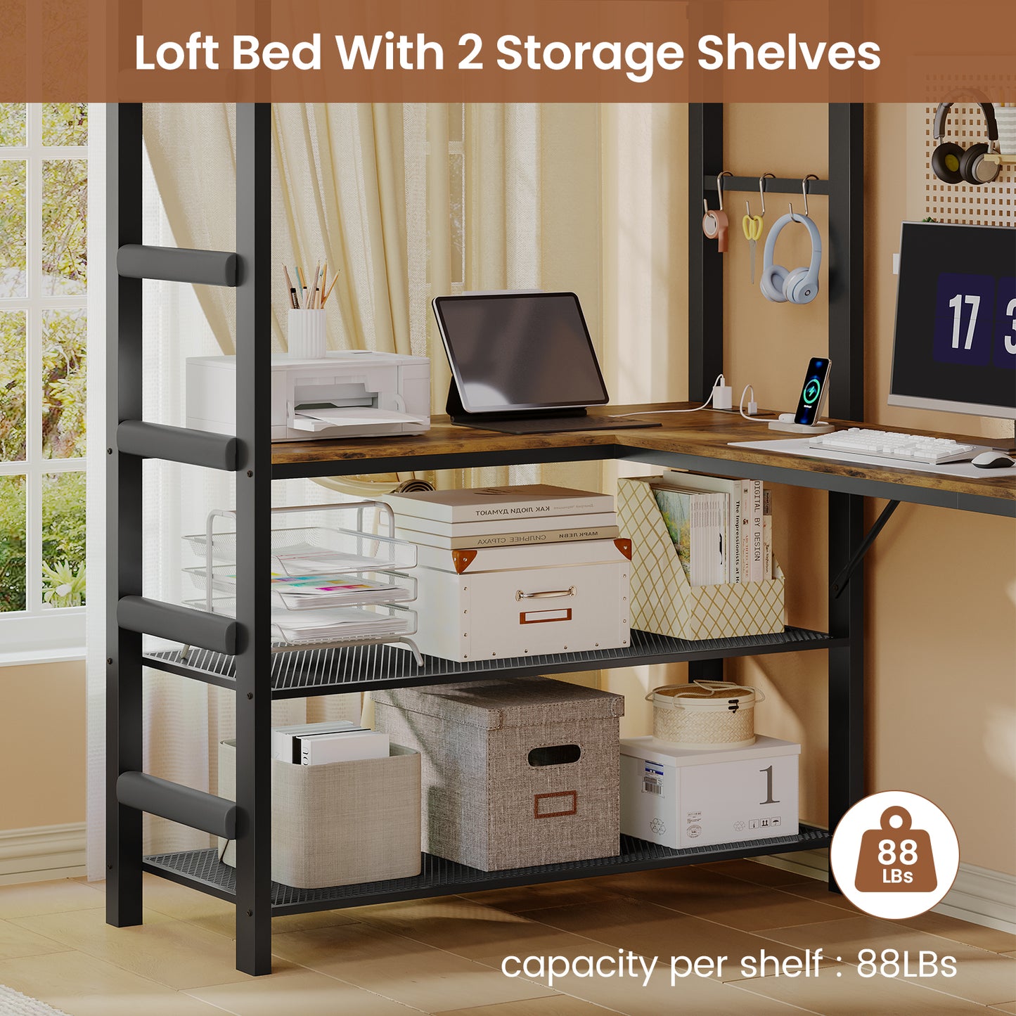 Twin Size Loft Bed with L Shaped Desk and 4 Drawers, Metal Bed Frame with Storage Shelf, Power Outlet and LED Lighted, No Box Spring Needed, Black